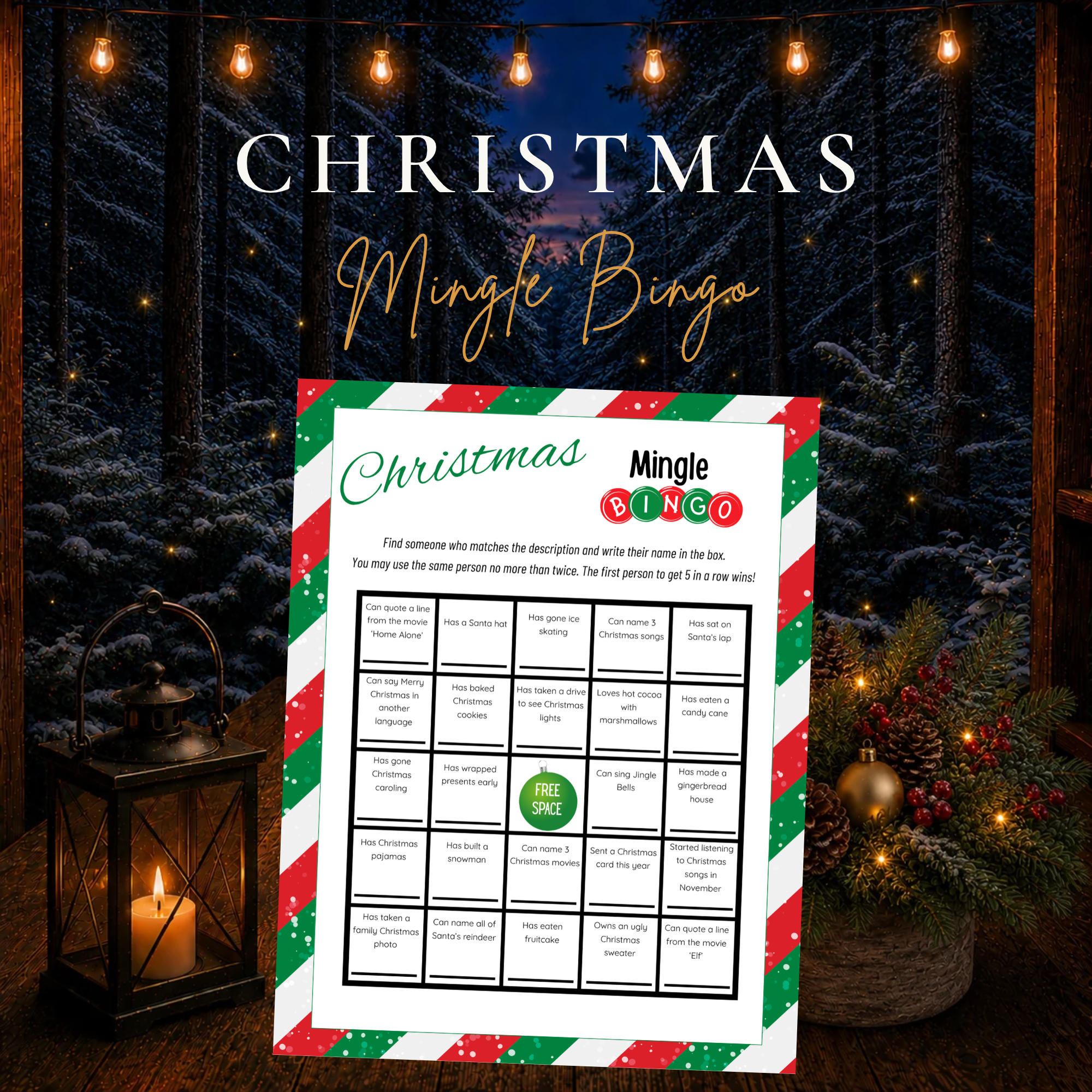 Christmas Mingle Bingo printable holiday icebreaker game for family and Christmas parties