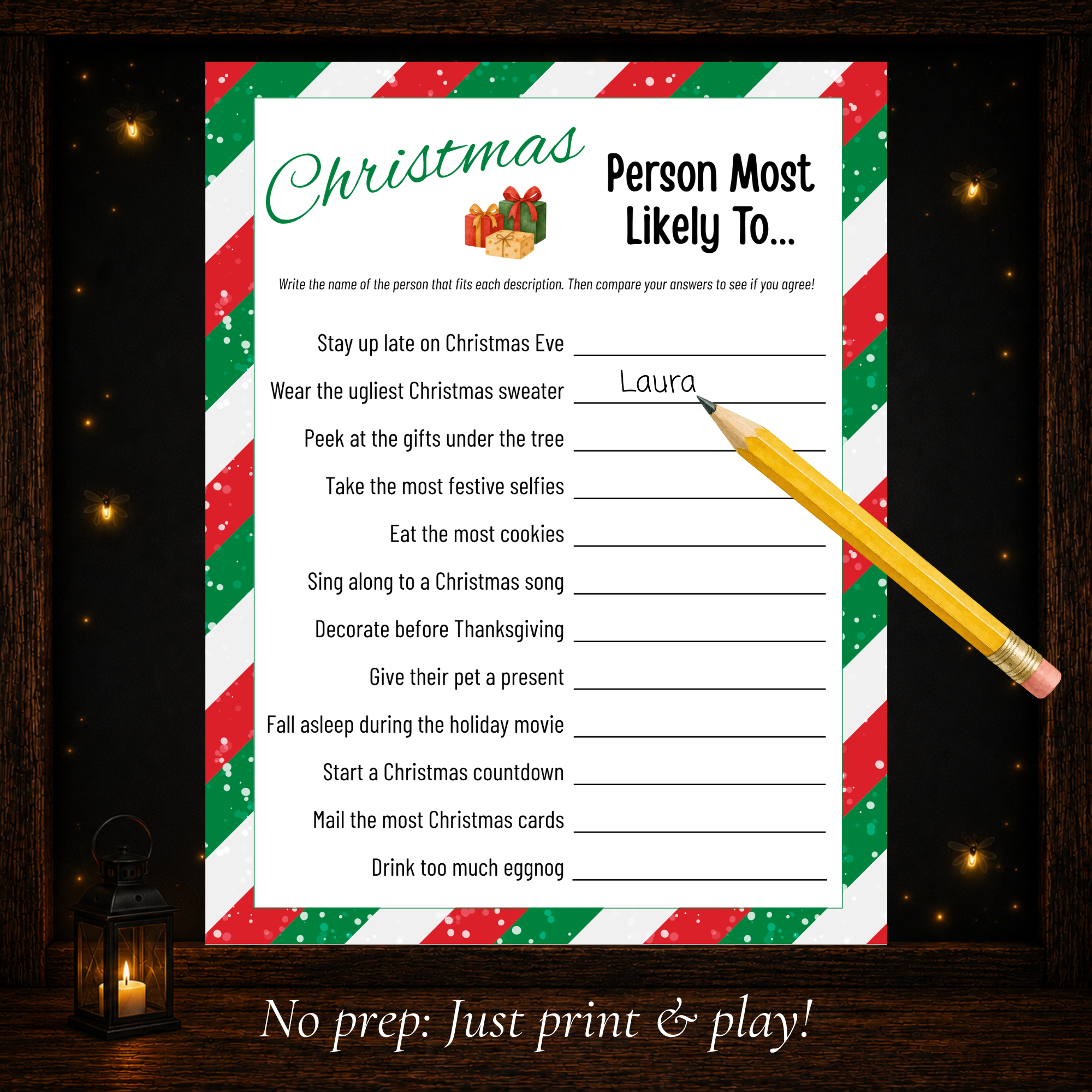 Printable Christmas Person Most Likely To game with 12 fun Christmas questions