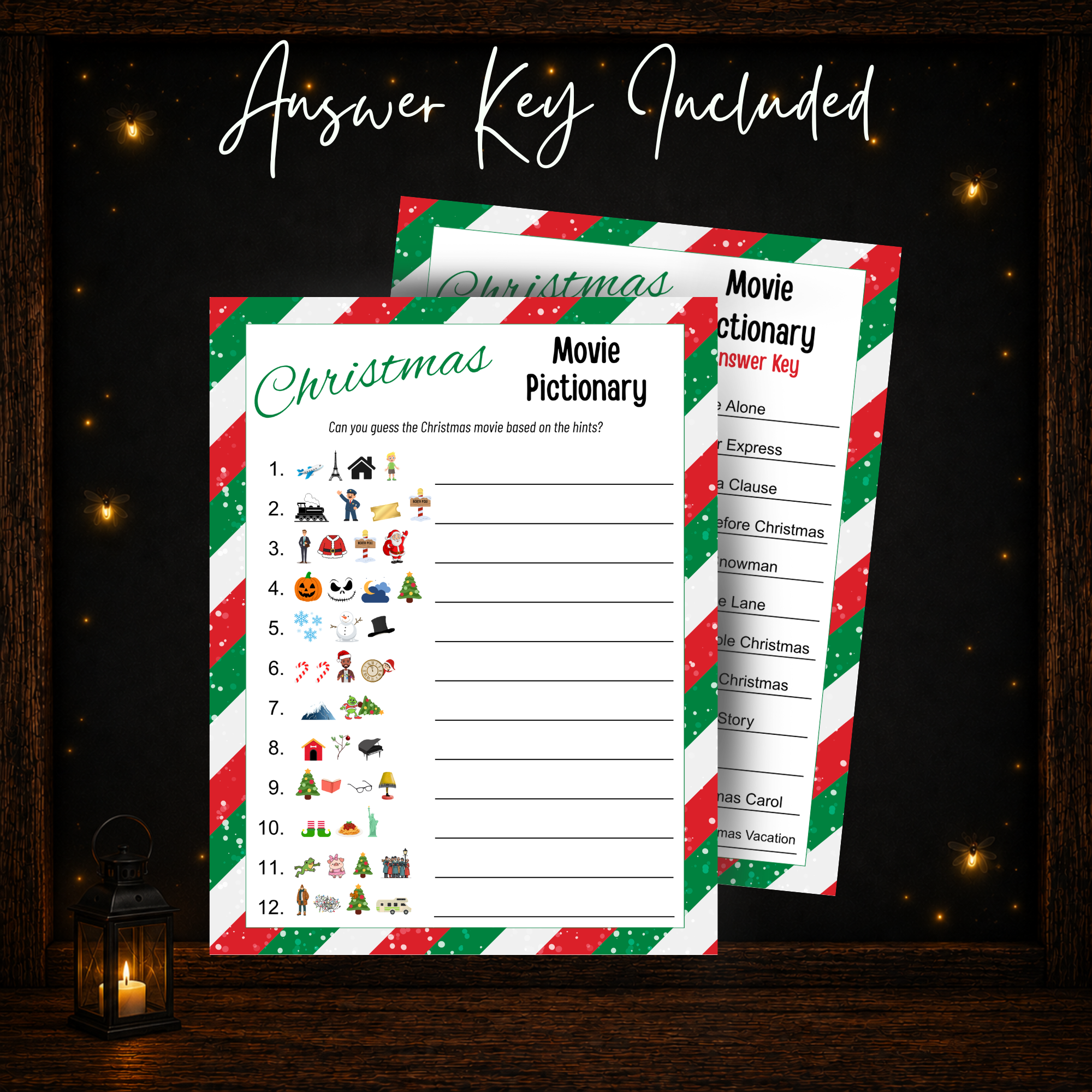 Christmas Movie Pictionary printable game and included answer key