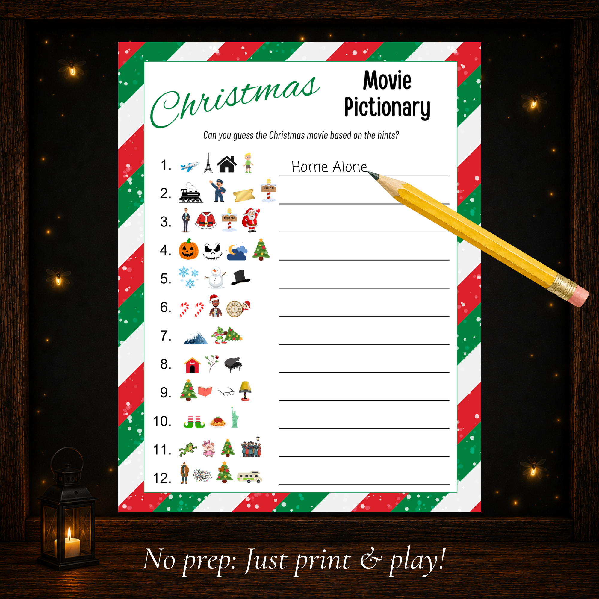 Printable Christmas Movie Pictionary game with 12 holiday movie picture clues