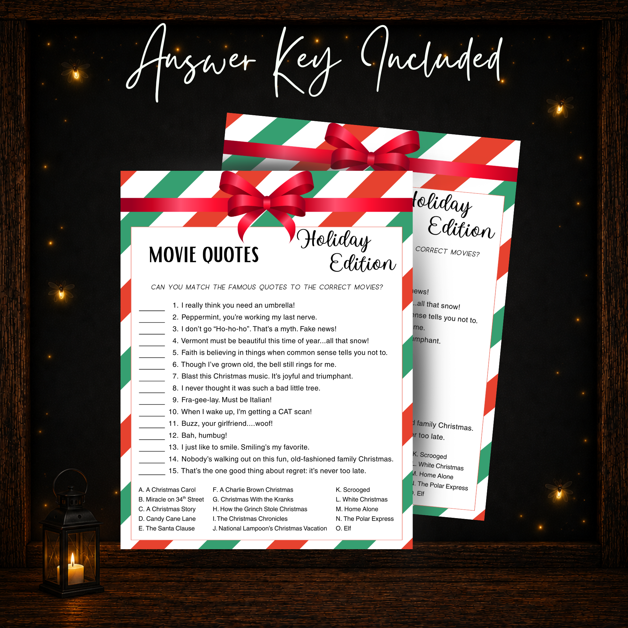 Christmas Movie Quote Match printable game with included answer key