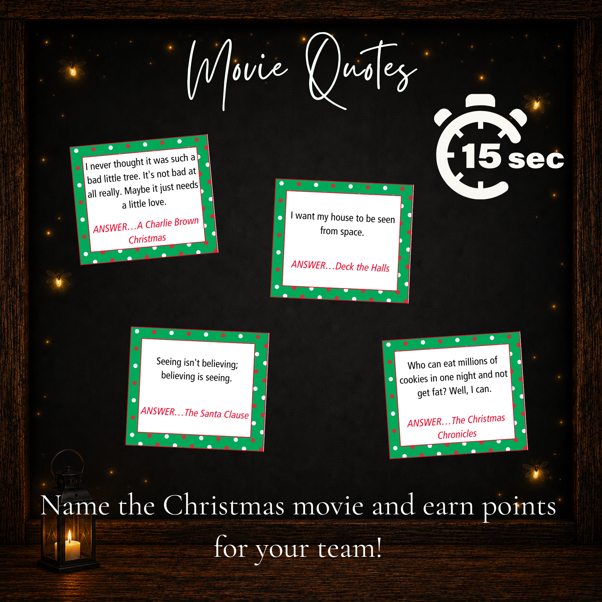 Printable Christmas movie quote game cards for a 15-second Name the Movie holiday team challenge