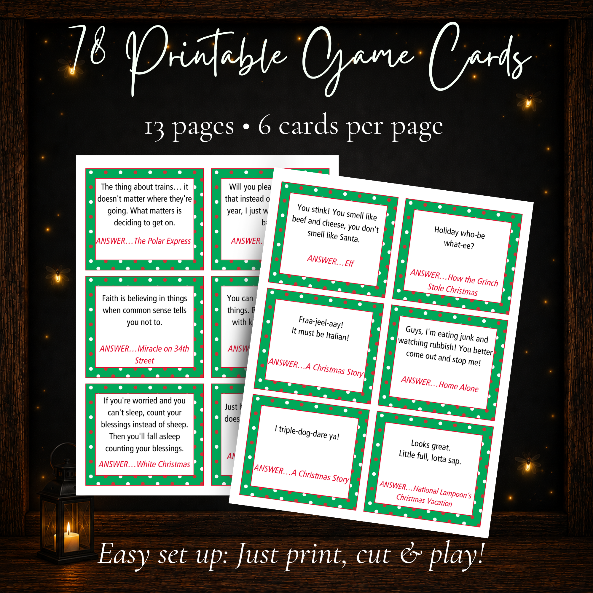 78 printable Christmas Name the Movie game cards with 13 pages and 6 Christmas movie quote cards per page