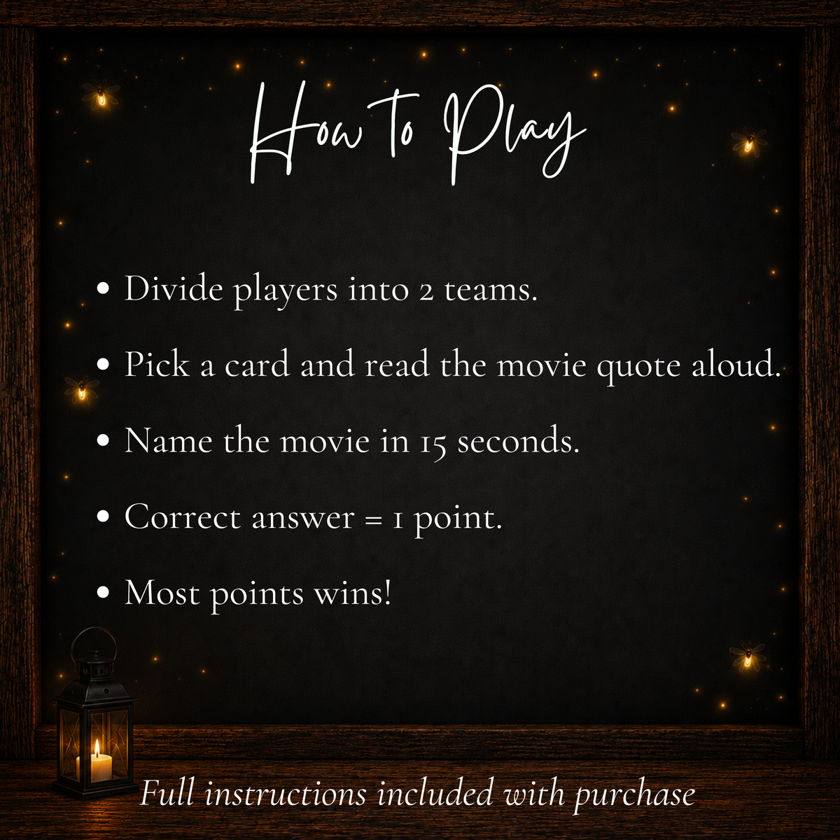 Christmas Name the Movie game instructions explaining the two-team 15-second movie quote guessing game
