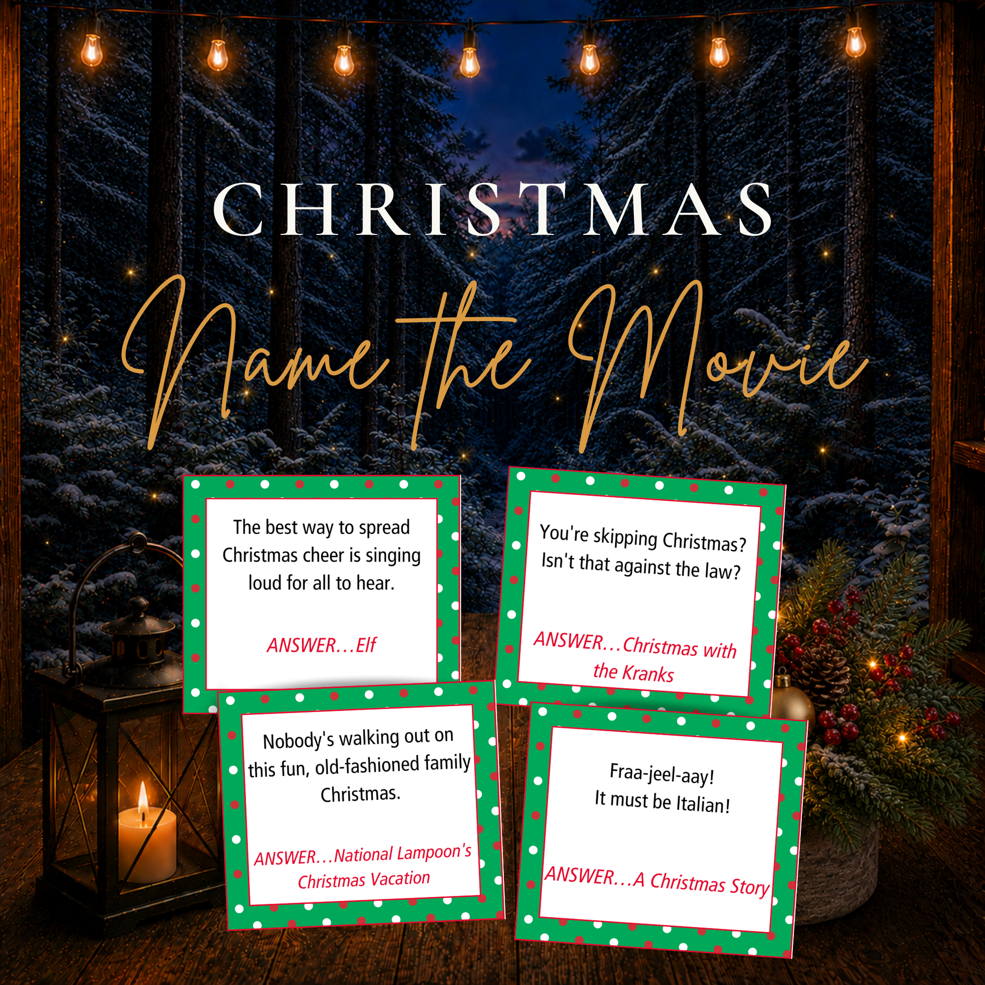 Christmas Name the Movie printable game featuring Christmas movie quote cards for holiday parties and family game nights