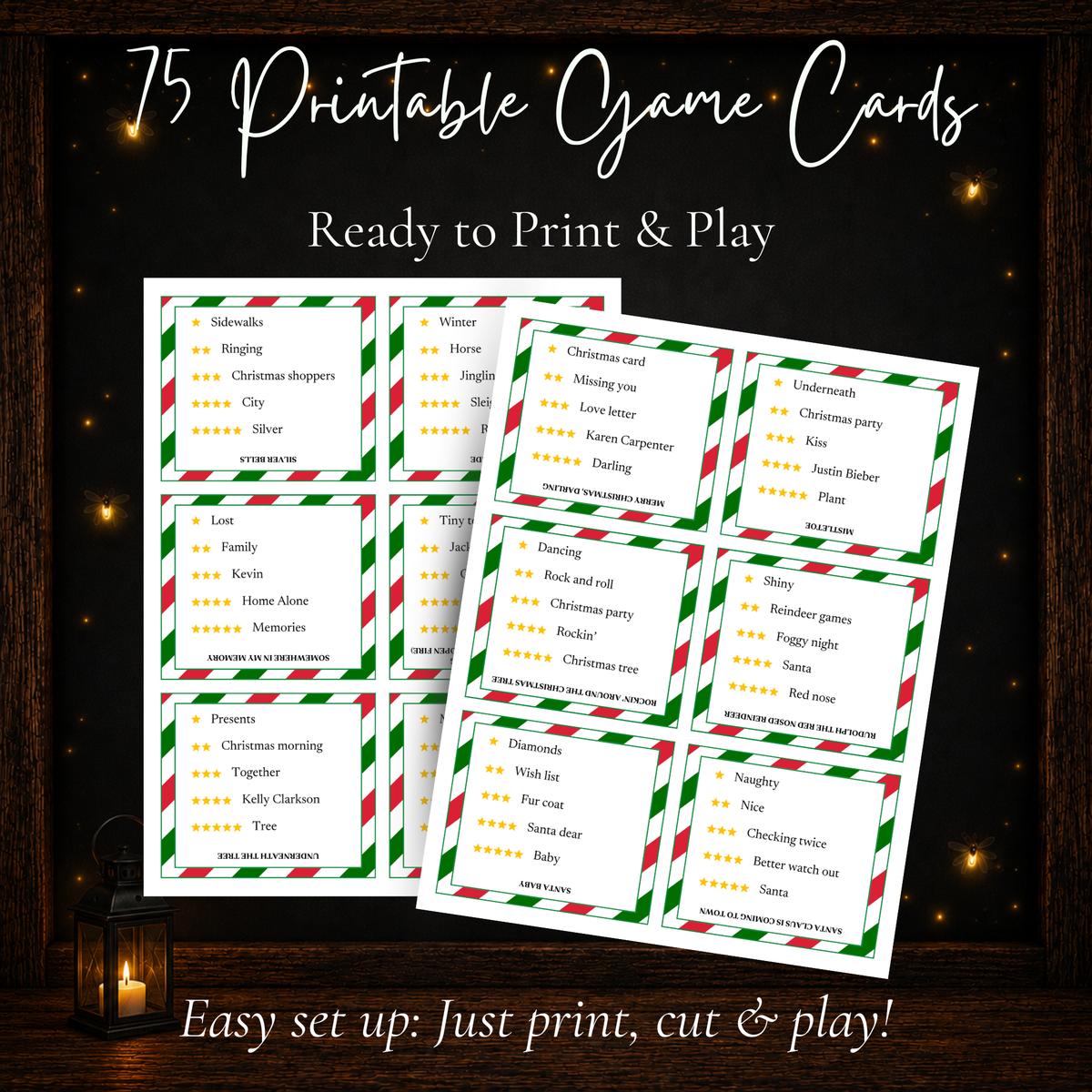 75 printable Christmas Name the Song game cards with five progressive clues for guessing holiday songs