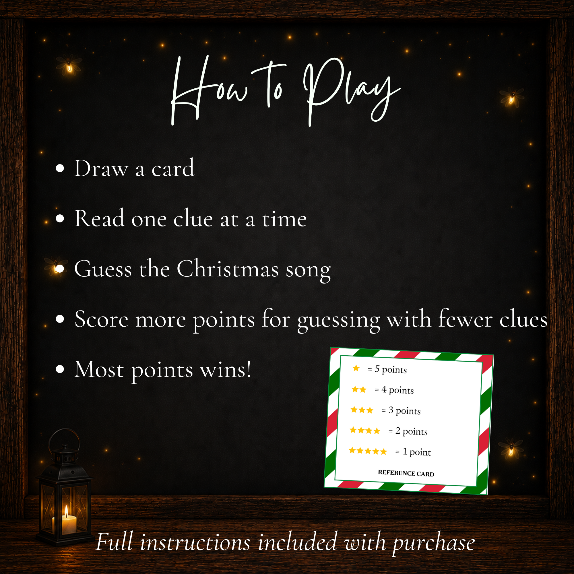 Christmas Name the Song game instructions with progressive clues and points for guessing songs with fewer clues