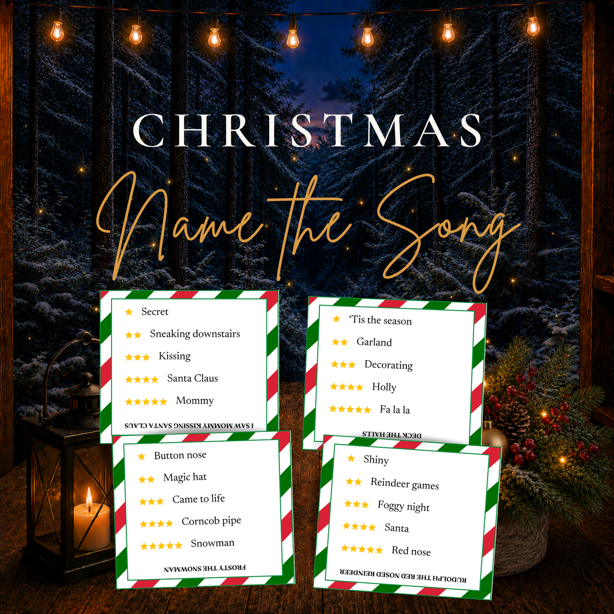 Christmas Name the Song printable game with Christmas music clue cards for holiday parties and family game nights