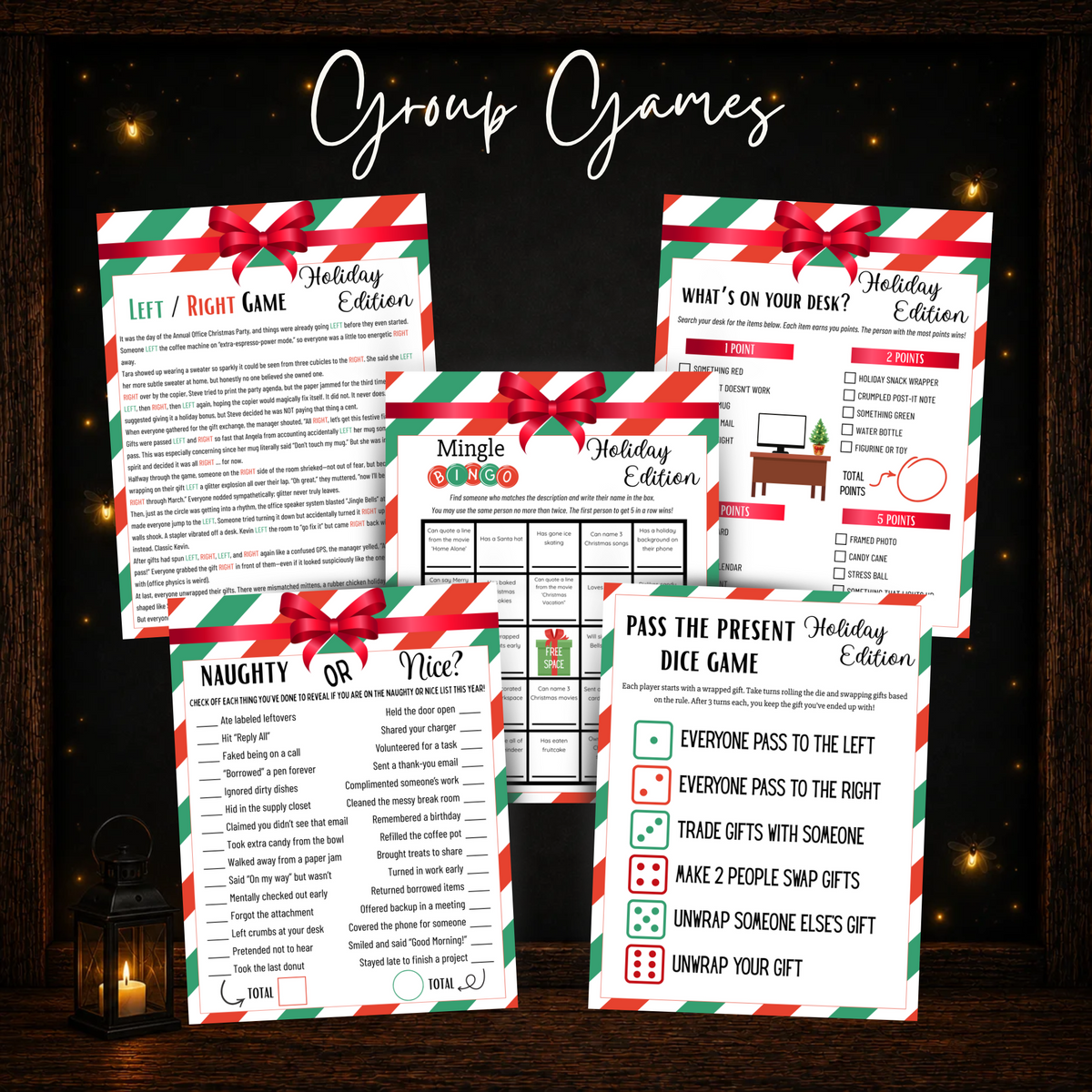 Printable Christmas office group games including Left Right, Mingle Bingo, Pass the Present and Naughty or Nice