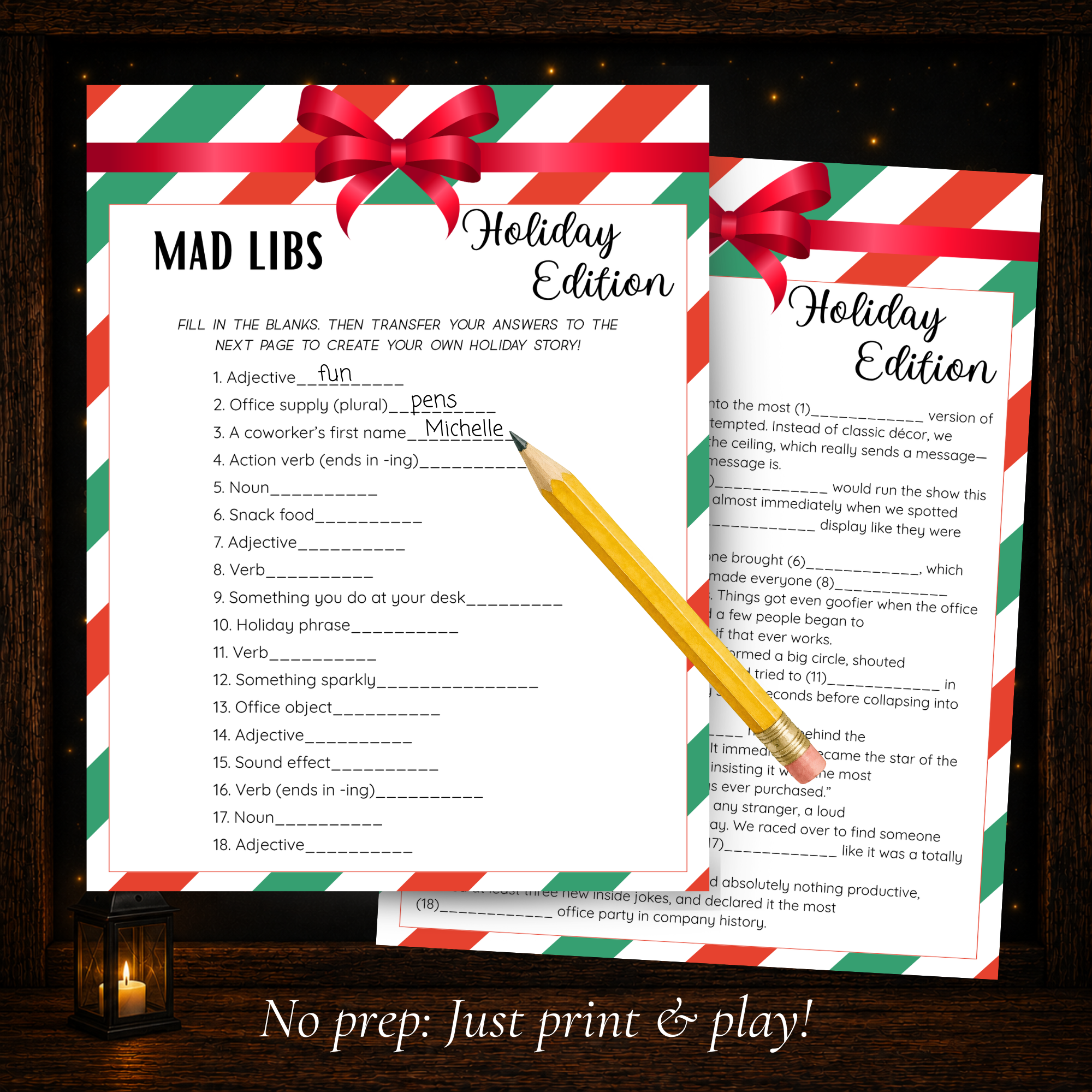 Two-page Christmas Office Mad Libs game with word prompts and funny holiday story