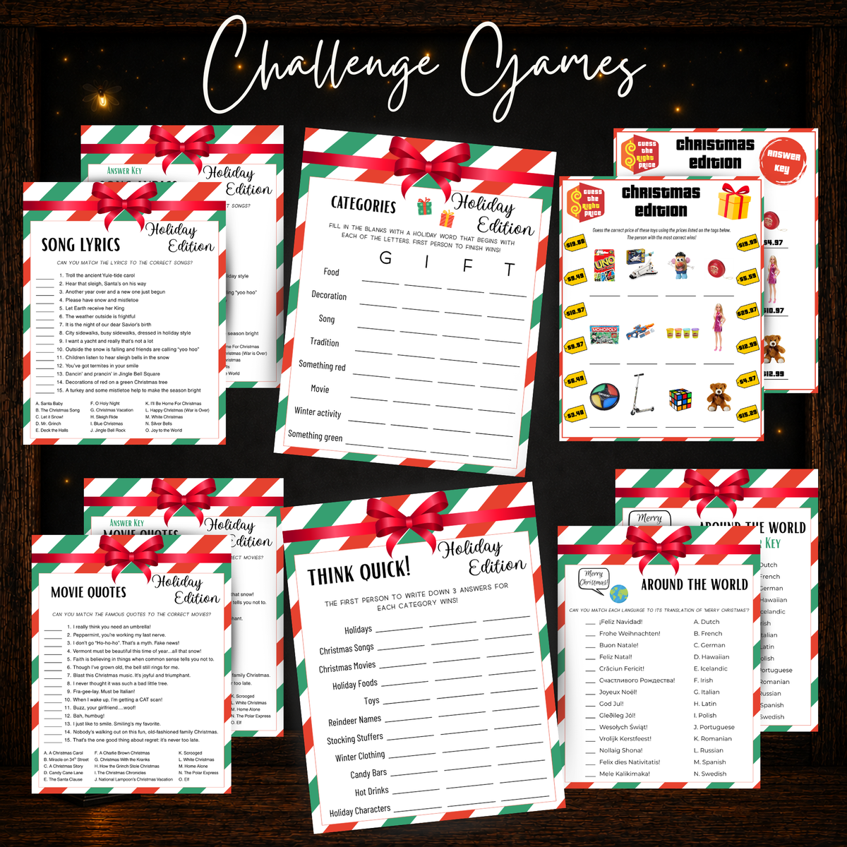 Christmas office party challenge games including Song Lyrics, Movie Quotes, Think Quick, Categories and Around the World