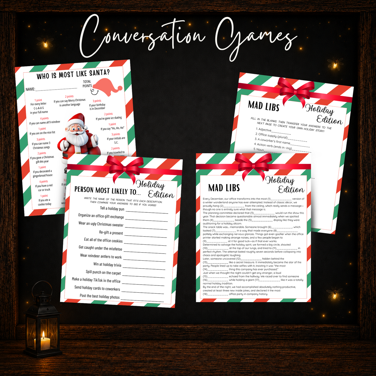 Printable Christmas office conversation games including Who Is Most Like Santa, Person Most Likely To and Mad Libs