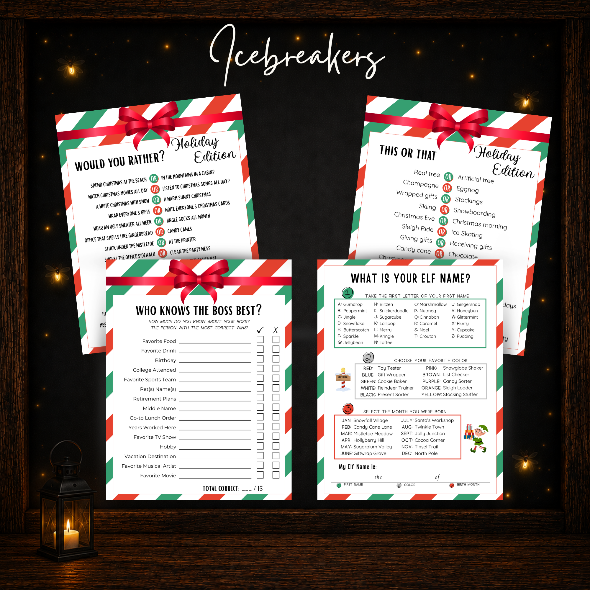 Christmas office party icebreaker games including Would You Rather, This or That, Who Knows the Boss Best and Elf Name