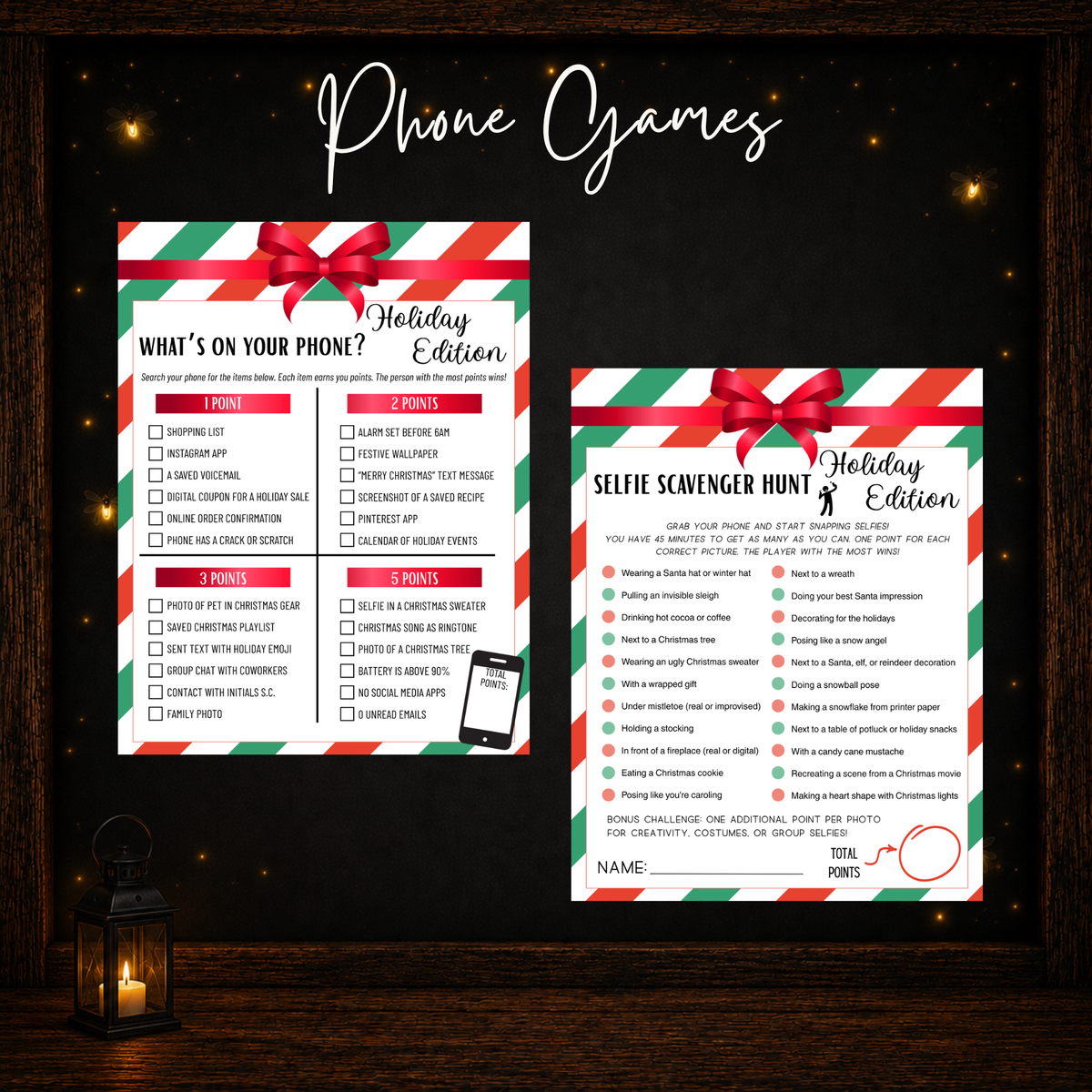 Printable Christmas office phone games including What’s On Your Phone and Selfie Scavenger Hunt