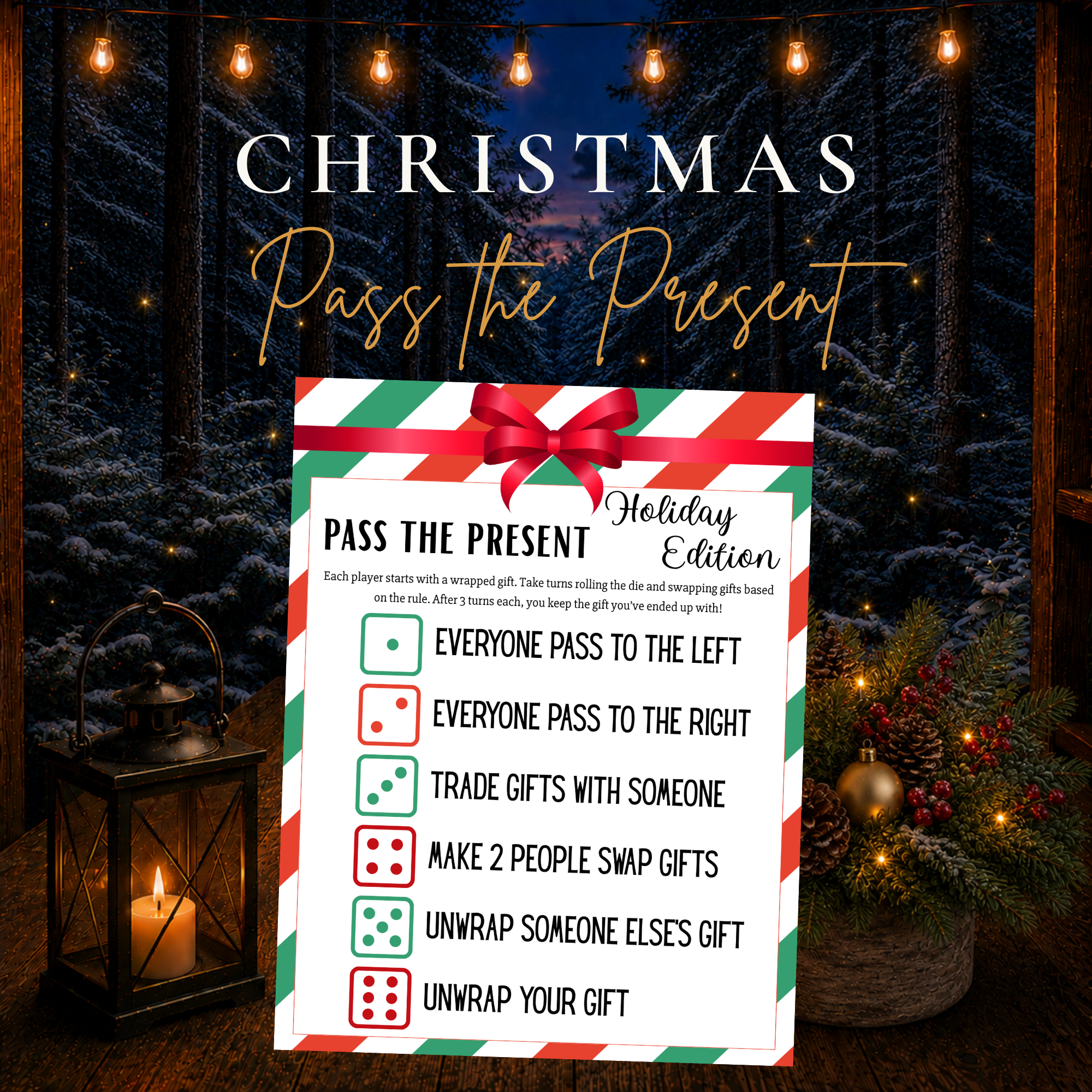 Christmas Pass the Present dice game printable for holiday gift exchanges and Christmas parties