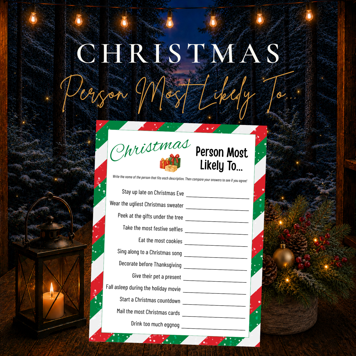 Christmas Person Most Likely To printable party game with festive holiday prompts