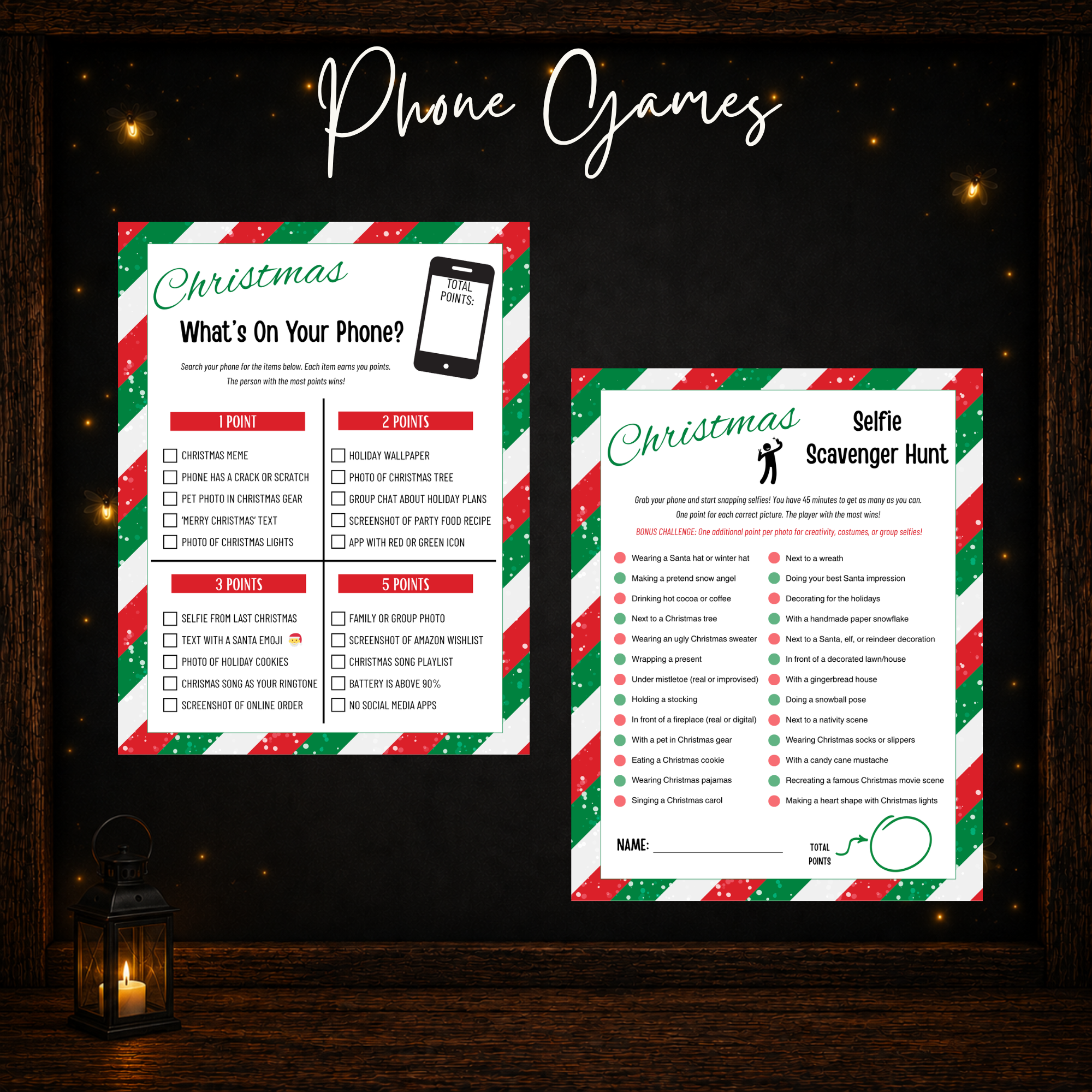 Printable Christmas phone games including What’s On Your Phone and Christmas Selfie Scavenger Hunt