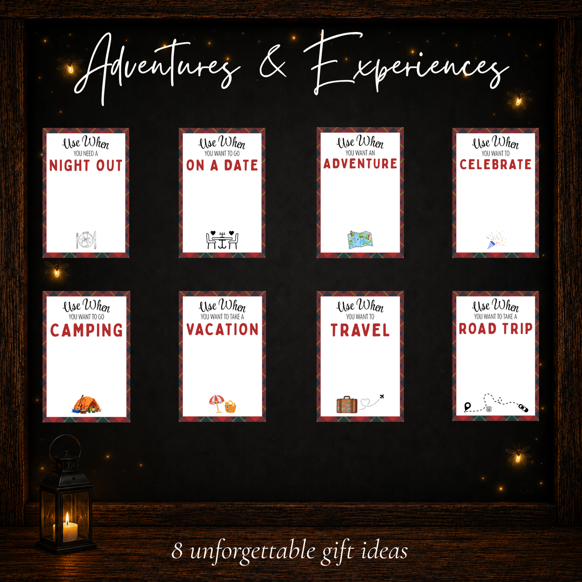 Eight adventure and experience gift card ideas including date nights, camping, vacation, travel, and road trips.