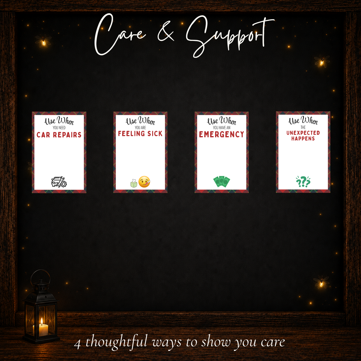 Four thoughtful care and support gift card ideas for car repairs, feeling sick, emergencies, and unexpected expenses.