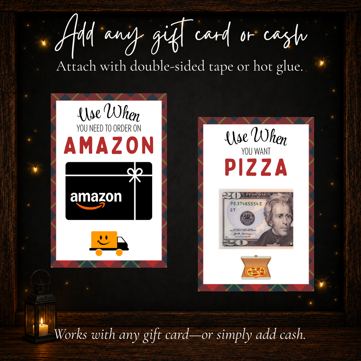 Christmas plaid gift card book pages demonstrating how to attach an Amazon gift card or cash to the printable pages.