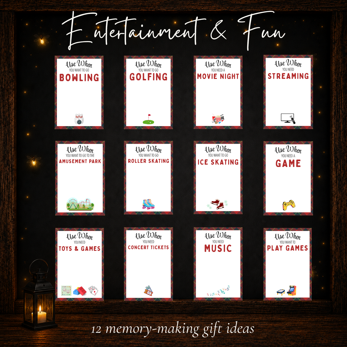 Twelve entertainment gift card ideas including bowling, movie night, music, games, concerts, and skating.