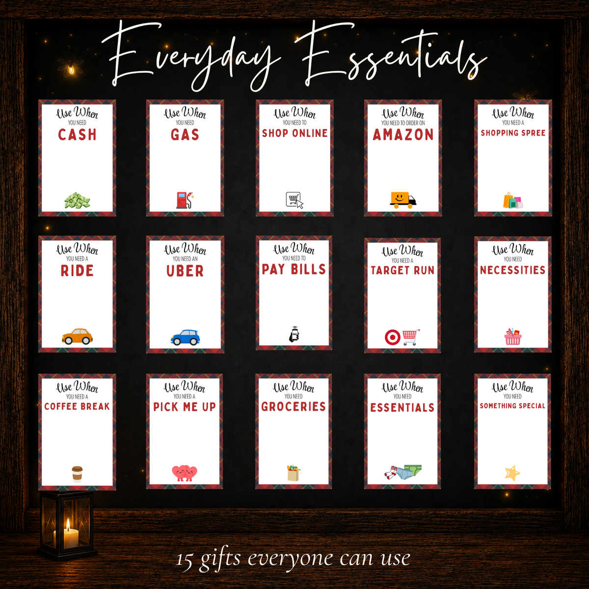 Fifteen everyday essentials gift card ideas including gas, groceries, Amazon, coffee breaks, and shopping.