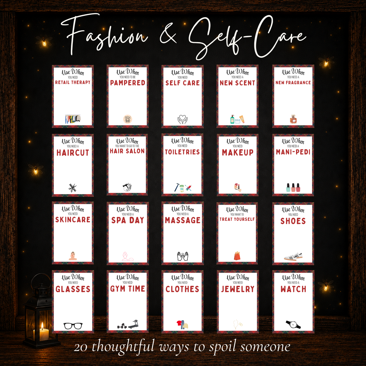 Twenty fashion and self-care gift card ideas including spa day, massage, haircut, makeup, clothing, and jewelry.
