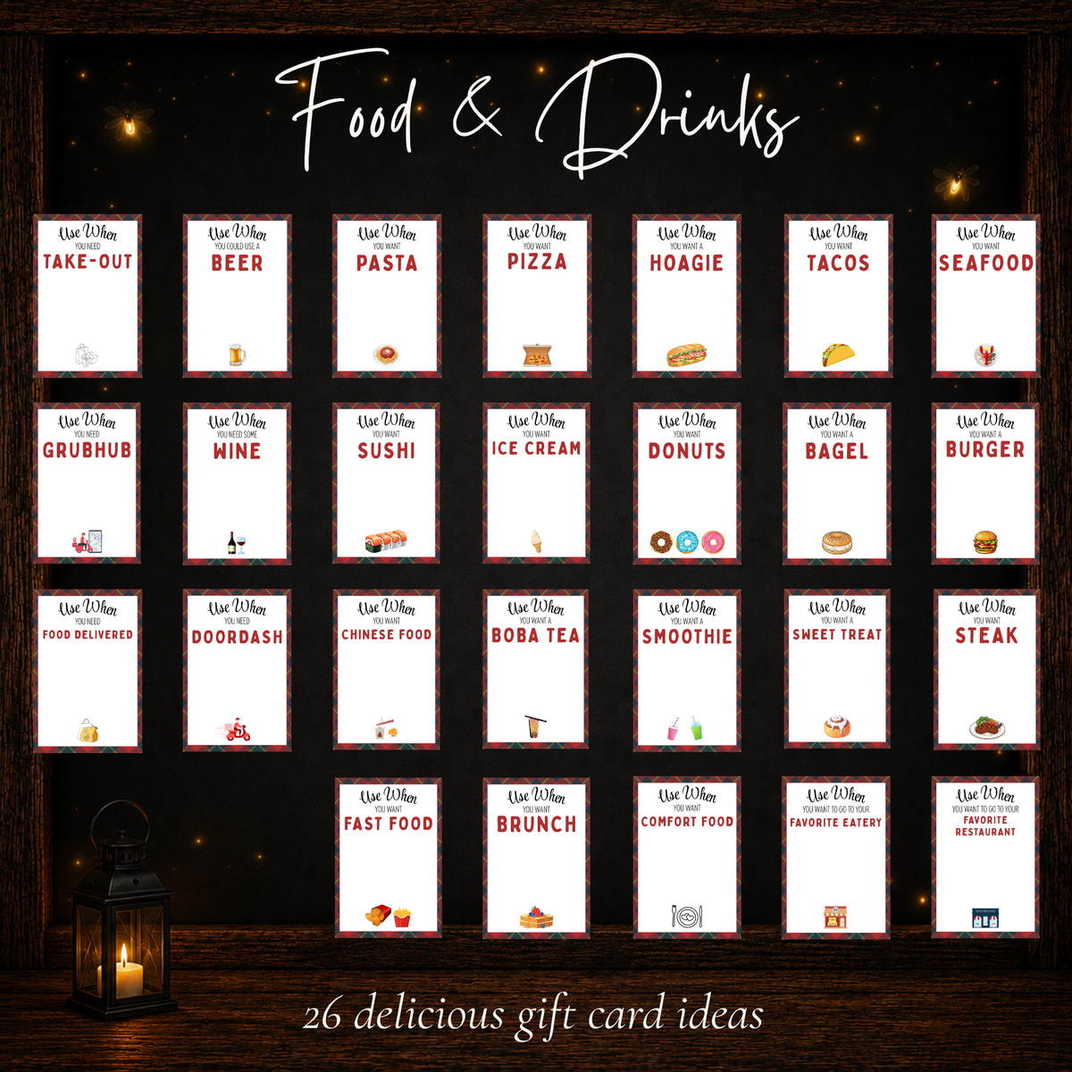 Twenty-six food and drink gift card ideas including pizza, tacos, sushi, coffee, donuts, brunch, and restaurants.