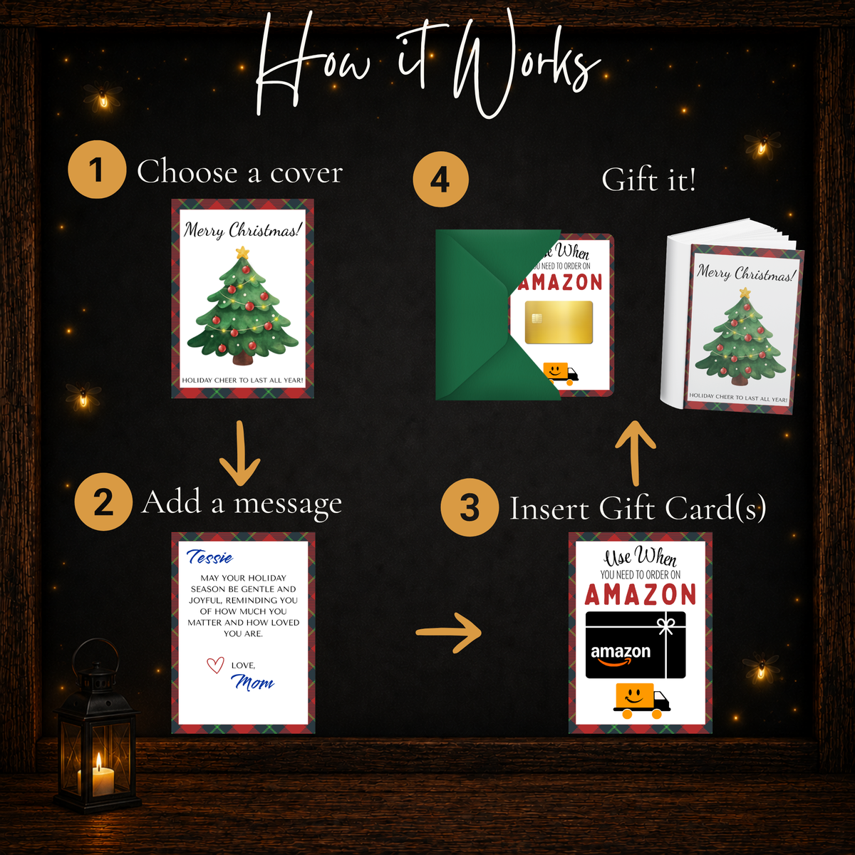 How to assemble a Christmas plaid gift card book by choosing a cover, adding a message, inserting gift cards, and gifting.