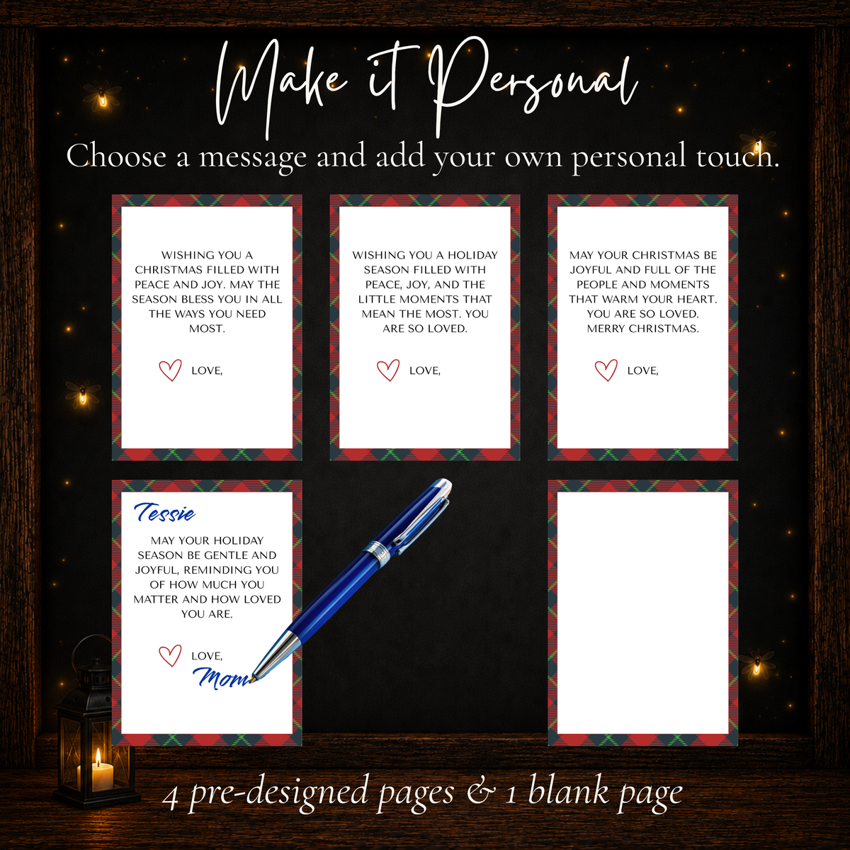 Four prewritten Christmas gift card book messages and one blank page for a handwritten personal message.