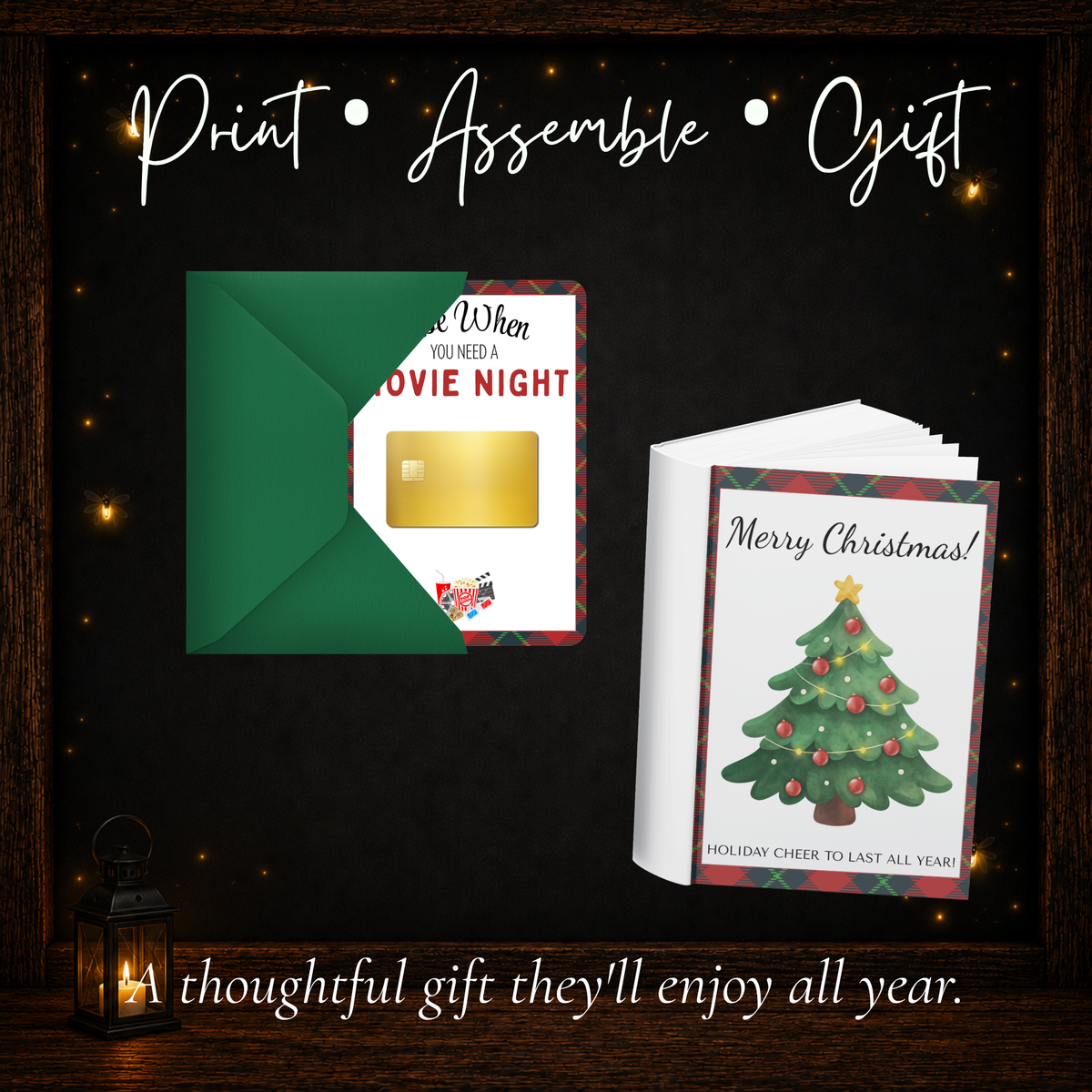 Christmas plaid gift card book displayed with a green envelope and assembled Christmas tree cover, ready to give.