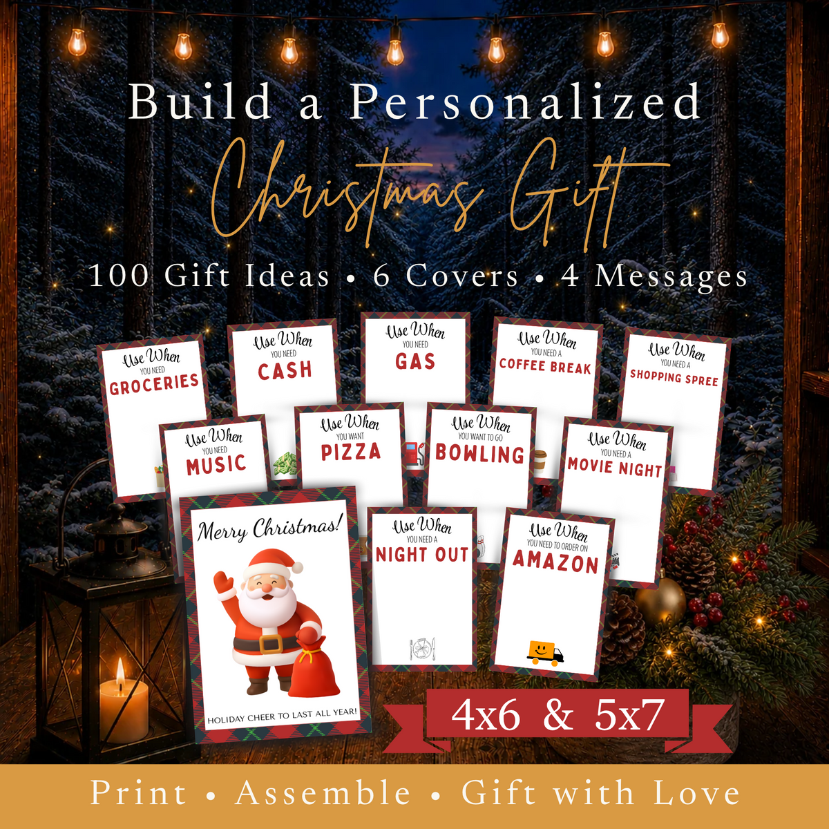 Christmas plaid printable gift card book featuring 100 gift ideas, 6 covers, 4 messages, and 4x6 and 5x7 sizes.