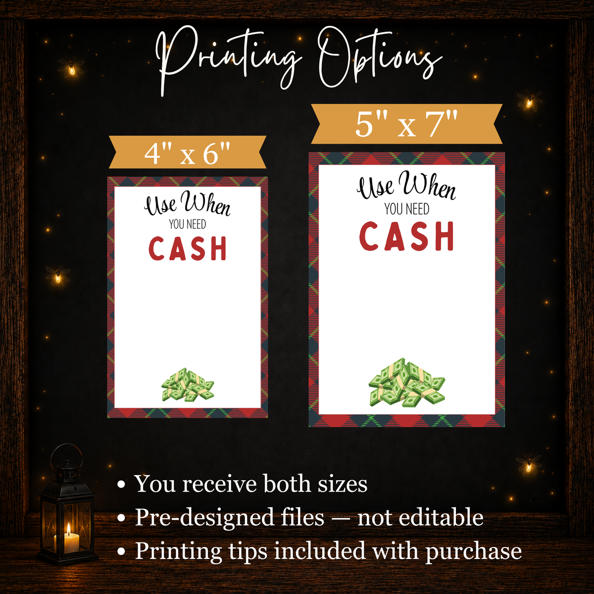 Christmas plaid printable gift card book shown in both 4x6 and 5x7 sizes with printing instructions included.