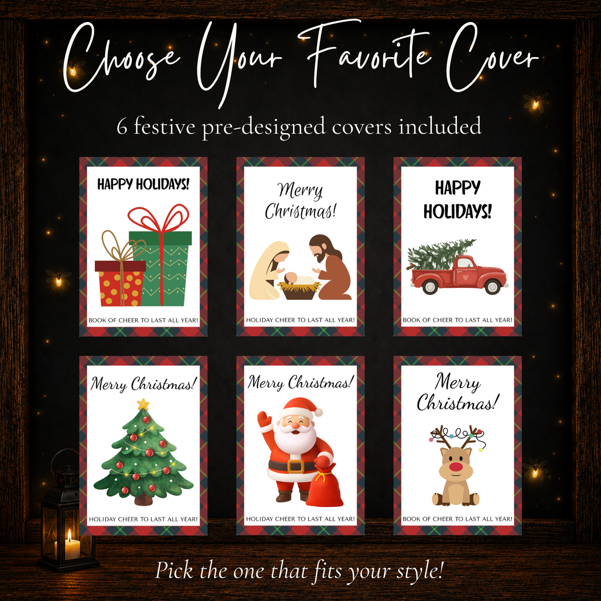 Six Christmas plaid gift card book cover designs featuring presents, Nativity, vintage truck, Christmas tree, Santa, and reindeer.