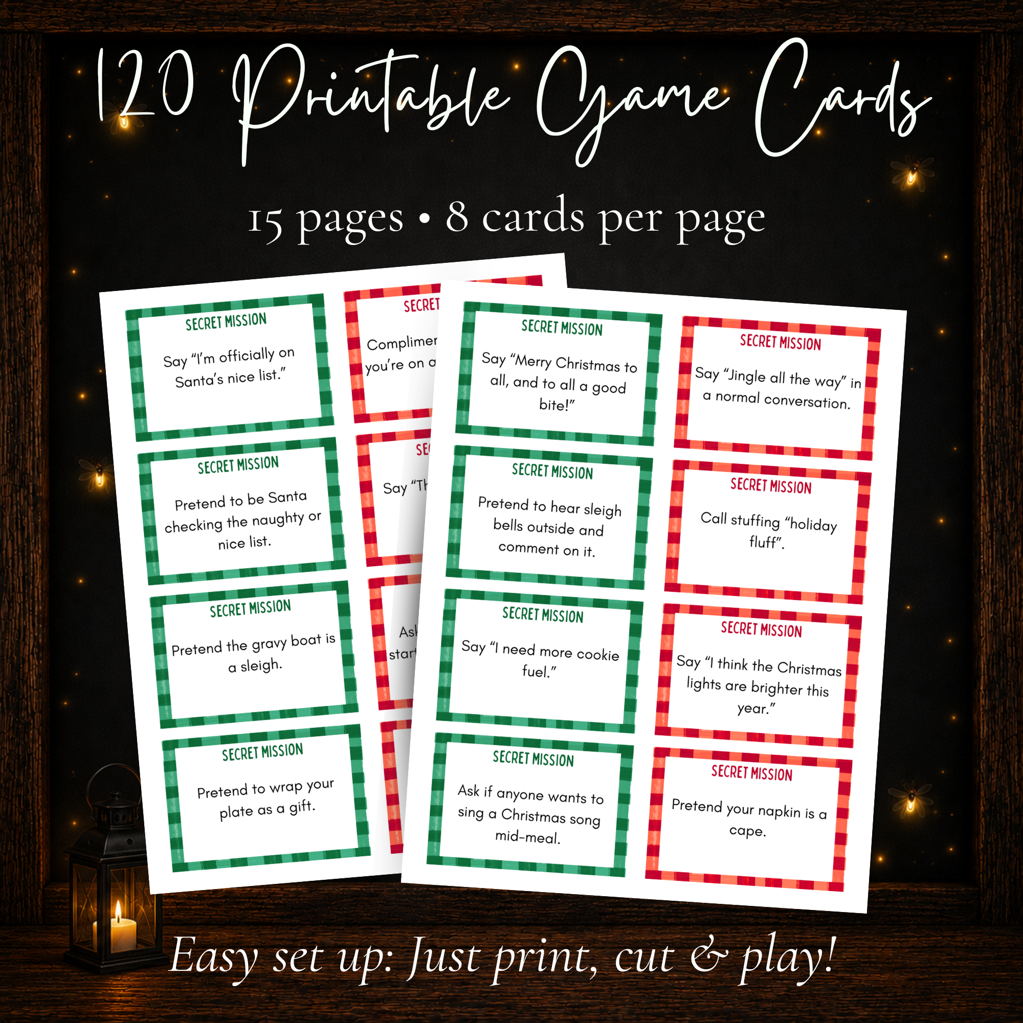 120 printable Christmas Secret Missions game cards with 15 pages and 8 cards per page