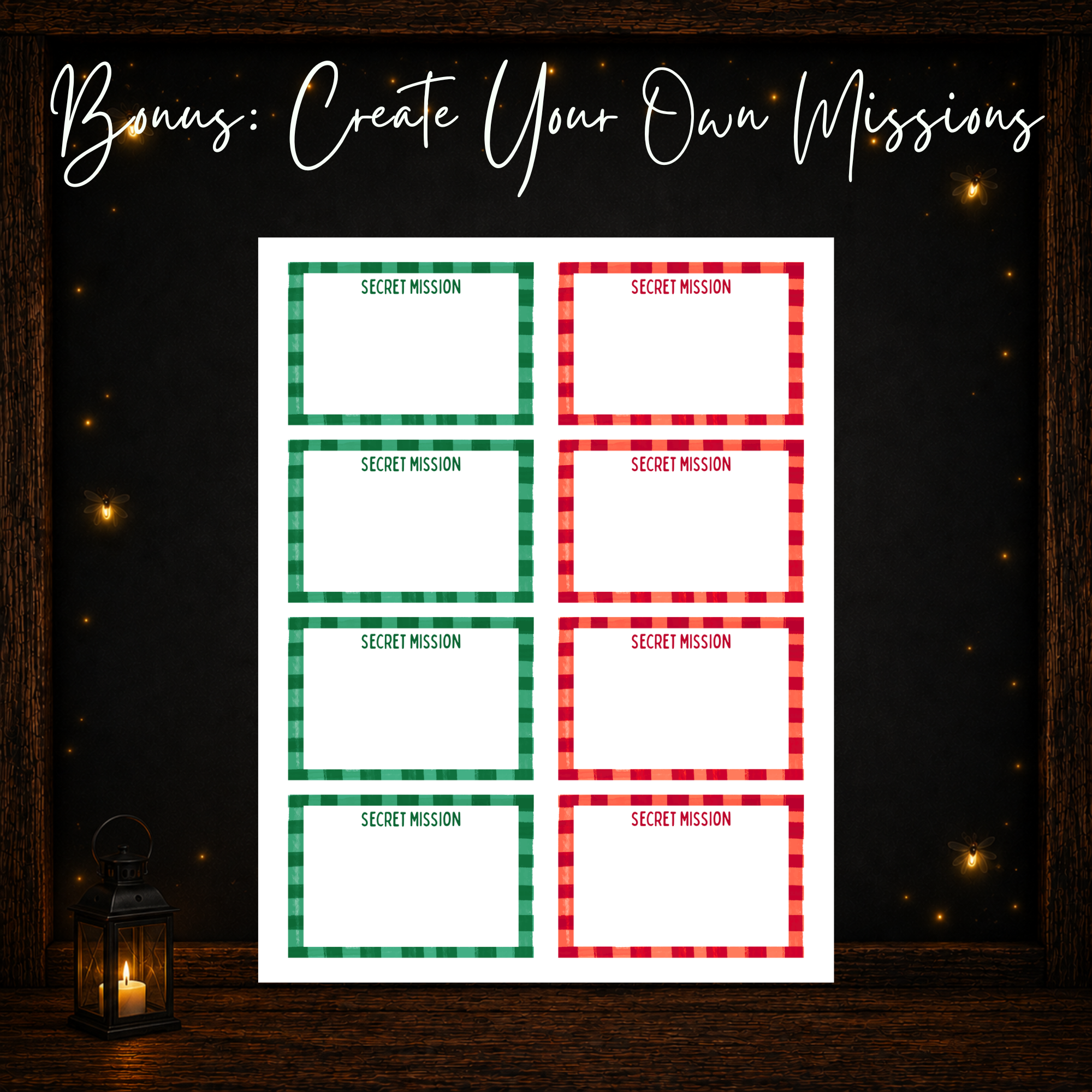 Blank Christmas Secret Mission cards for creating custom holiday party challenges