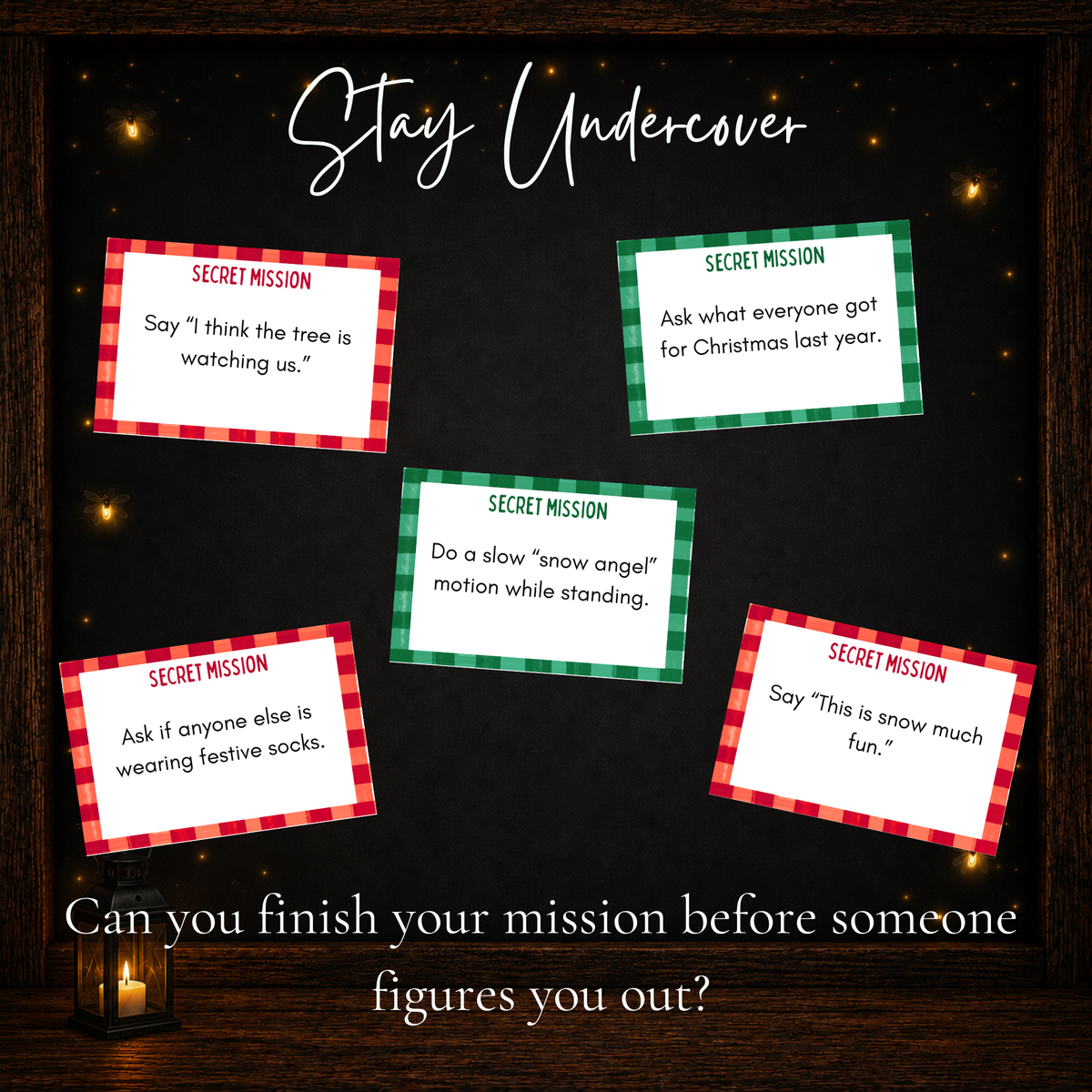 Funny Christmas Secret Mission challenge cards for undercover holiday party game