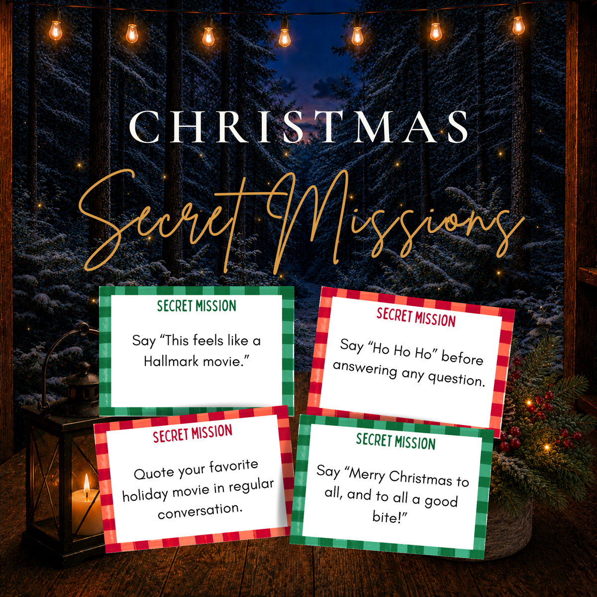 Christmas Secret Missions printable party game with funny undercover holiday challenge cards