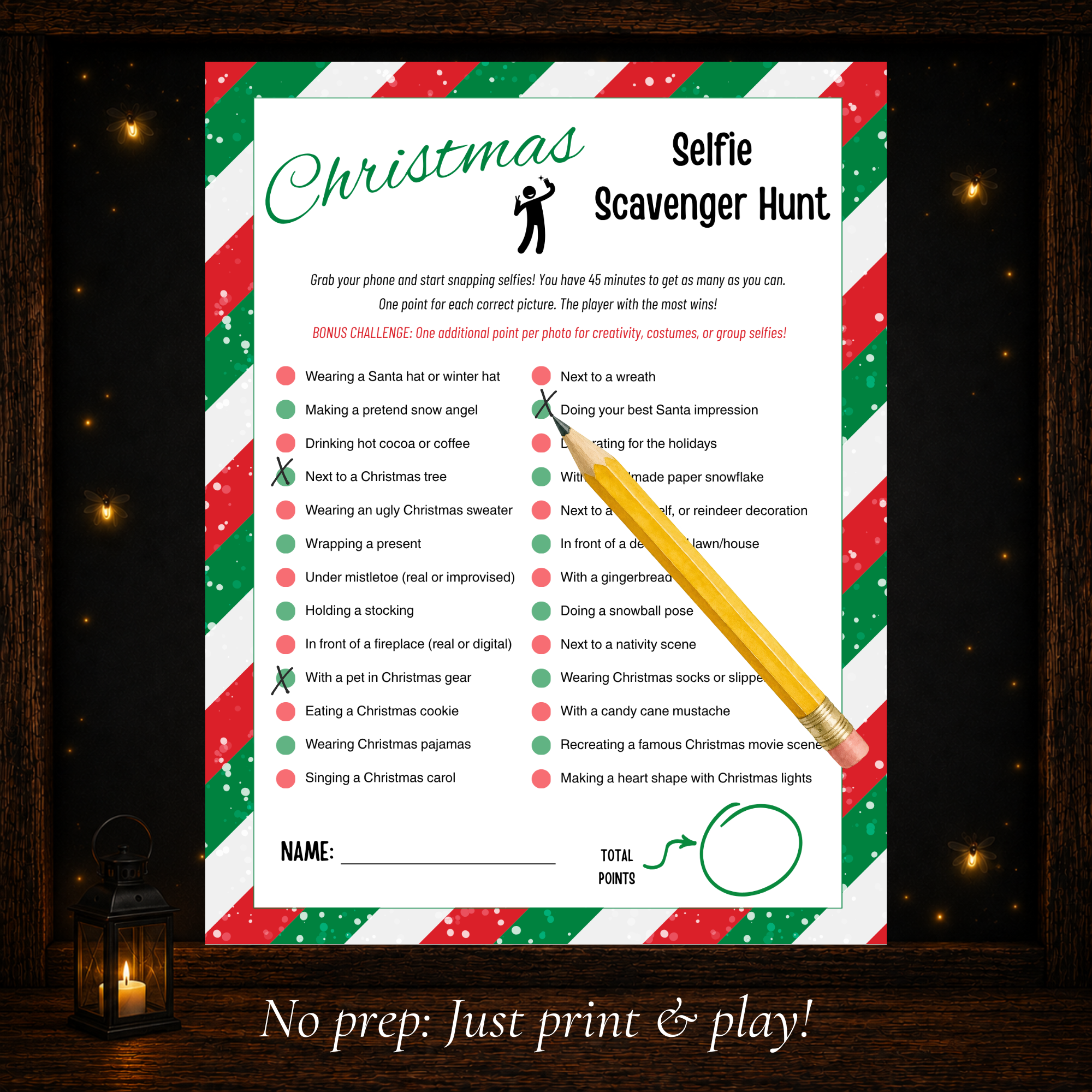 Printable Christmas Selfie Scavenger Hunt showing festive photo challenges and spaces to track completed Christmas selfies