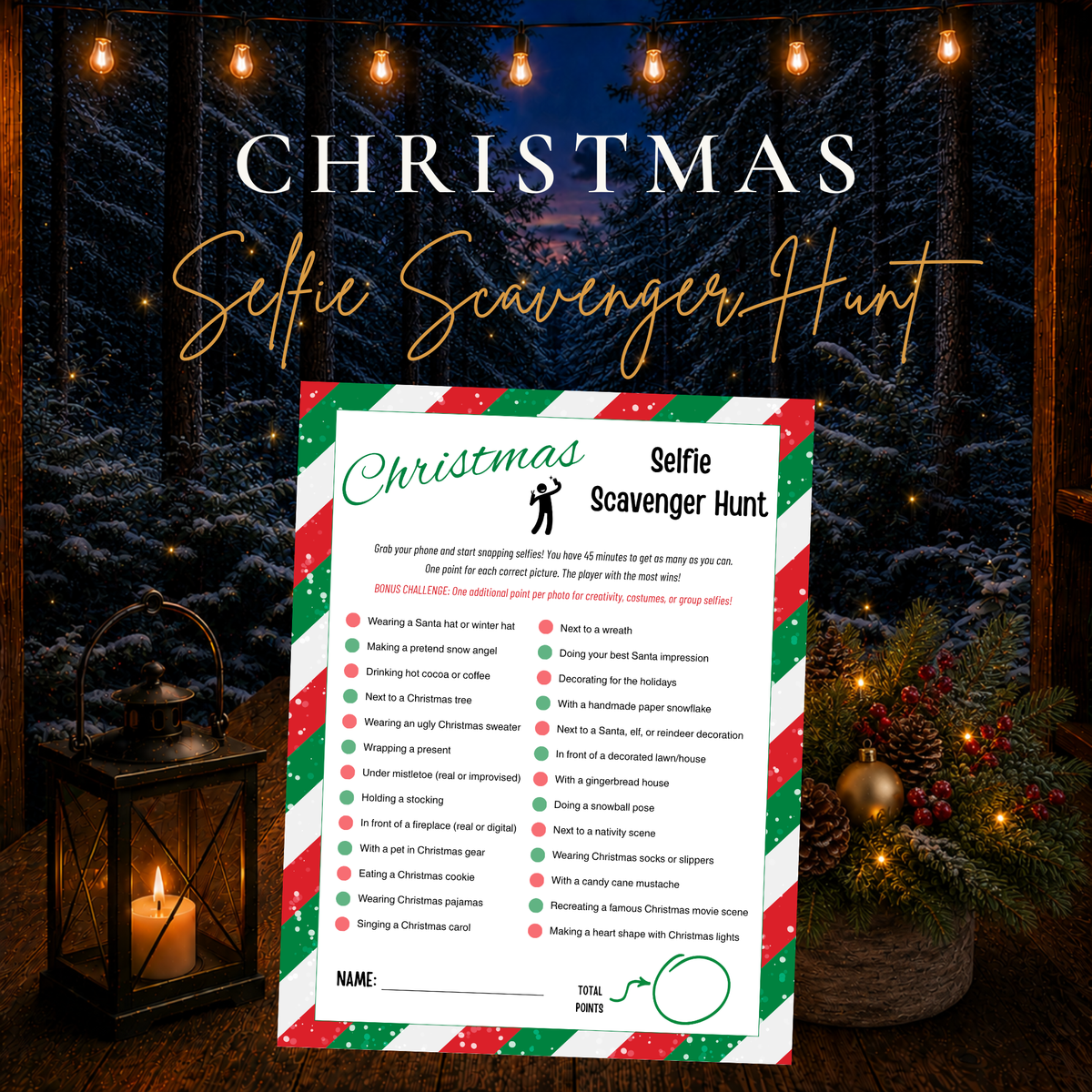 Christmas Selfie Scavenger Hunt printable with 24 festive photo challenges for holiday parties and family gatherings