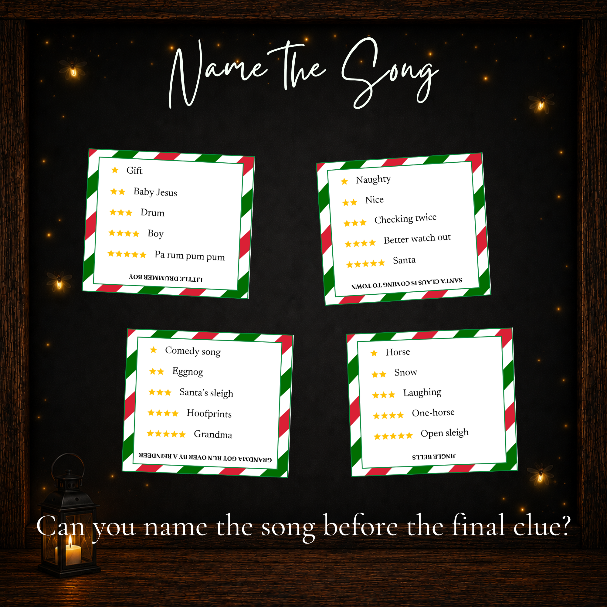 Printable Christmas song guessing game cards with five clues for identifying popular holiday songs
