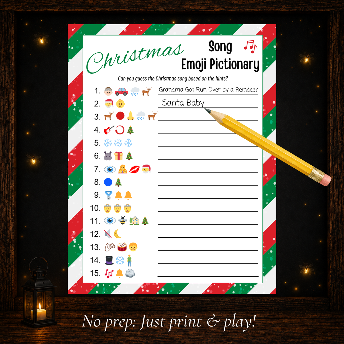 Printable Christmas Song Emoji Pictionary game showing emoji clues and spaces to write Christmas song answers