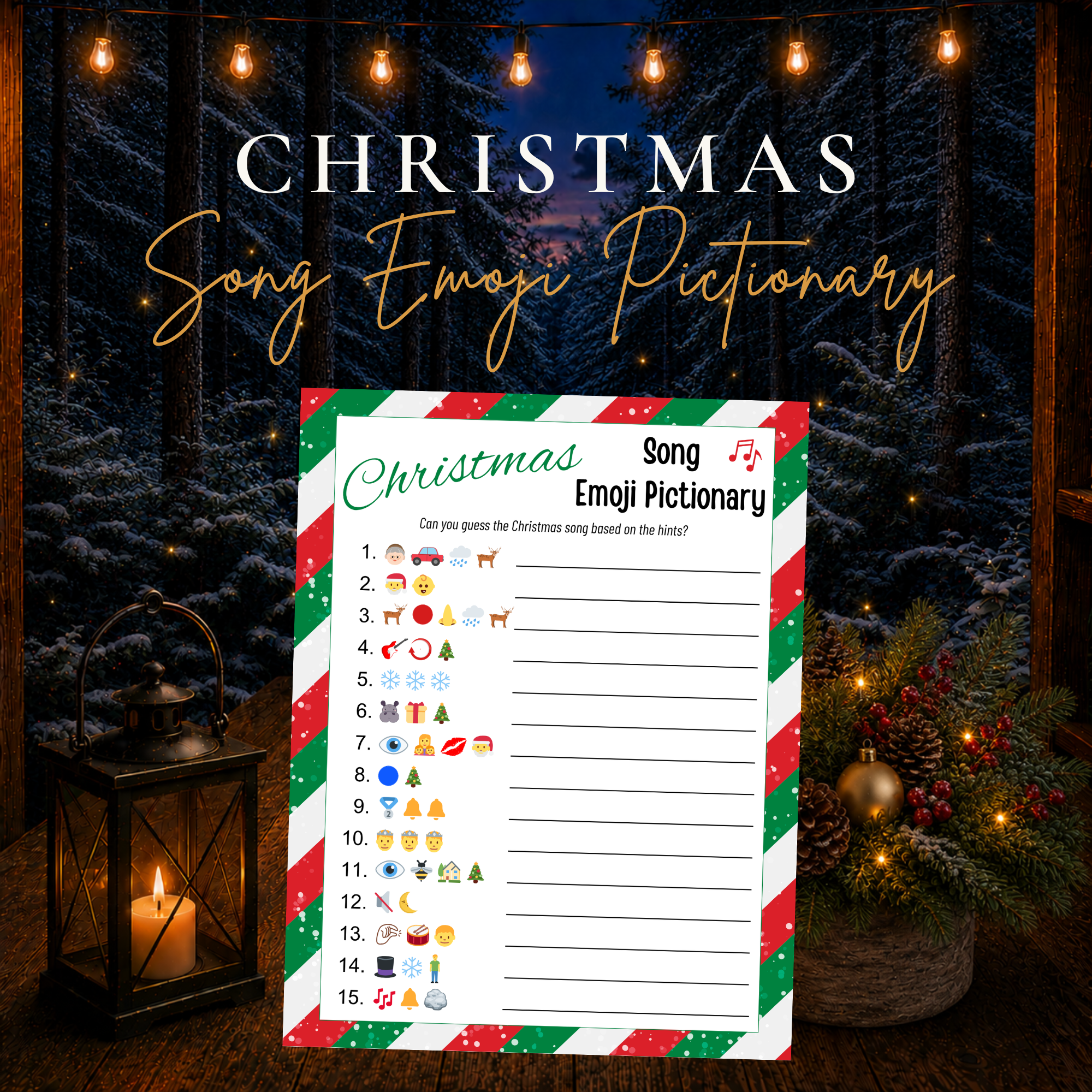 Christmas Song Emoji Pictionary printable game with 15 emoji clues for guessing popular Christmas songs