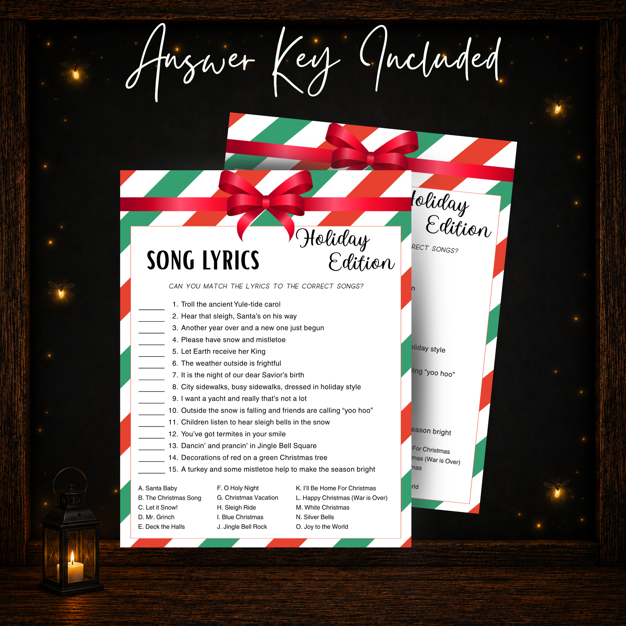 Christmas Song Lyrics Match printable game with included answer key