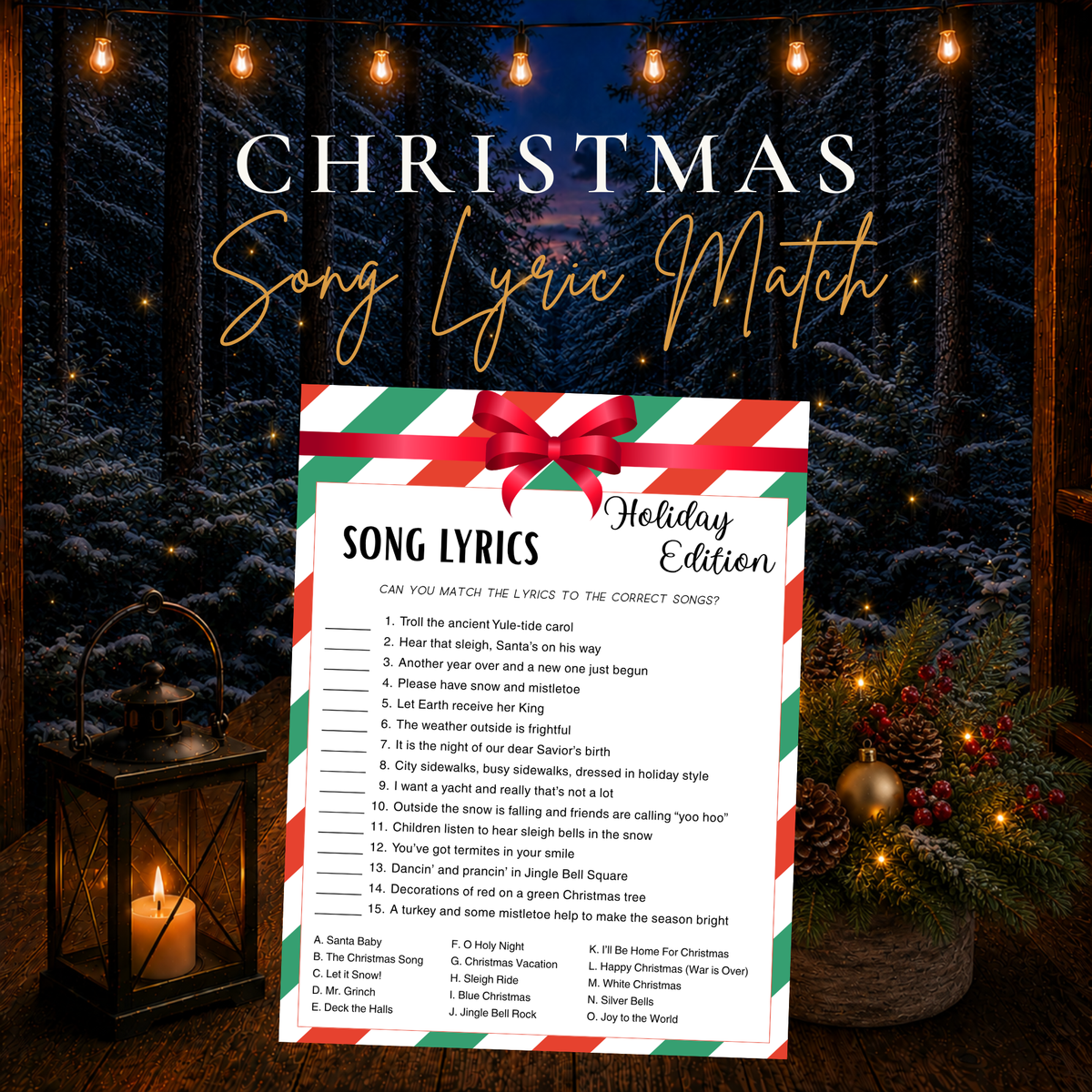 Christmas Song Lyrics Match printable game with 15 holiday music trivia questions