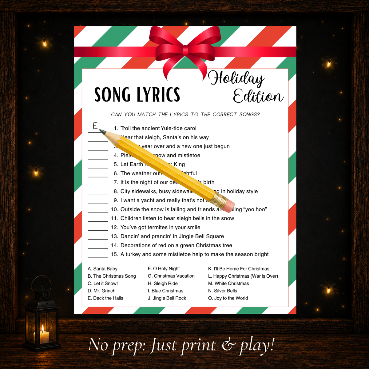 Printable Christmas song lyrics trivia game matching holiday lyrics to Christmas song titles