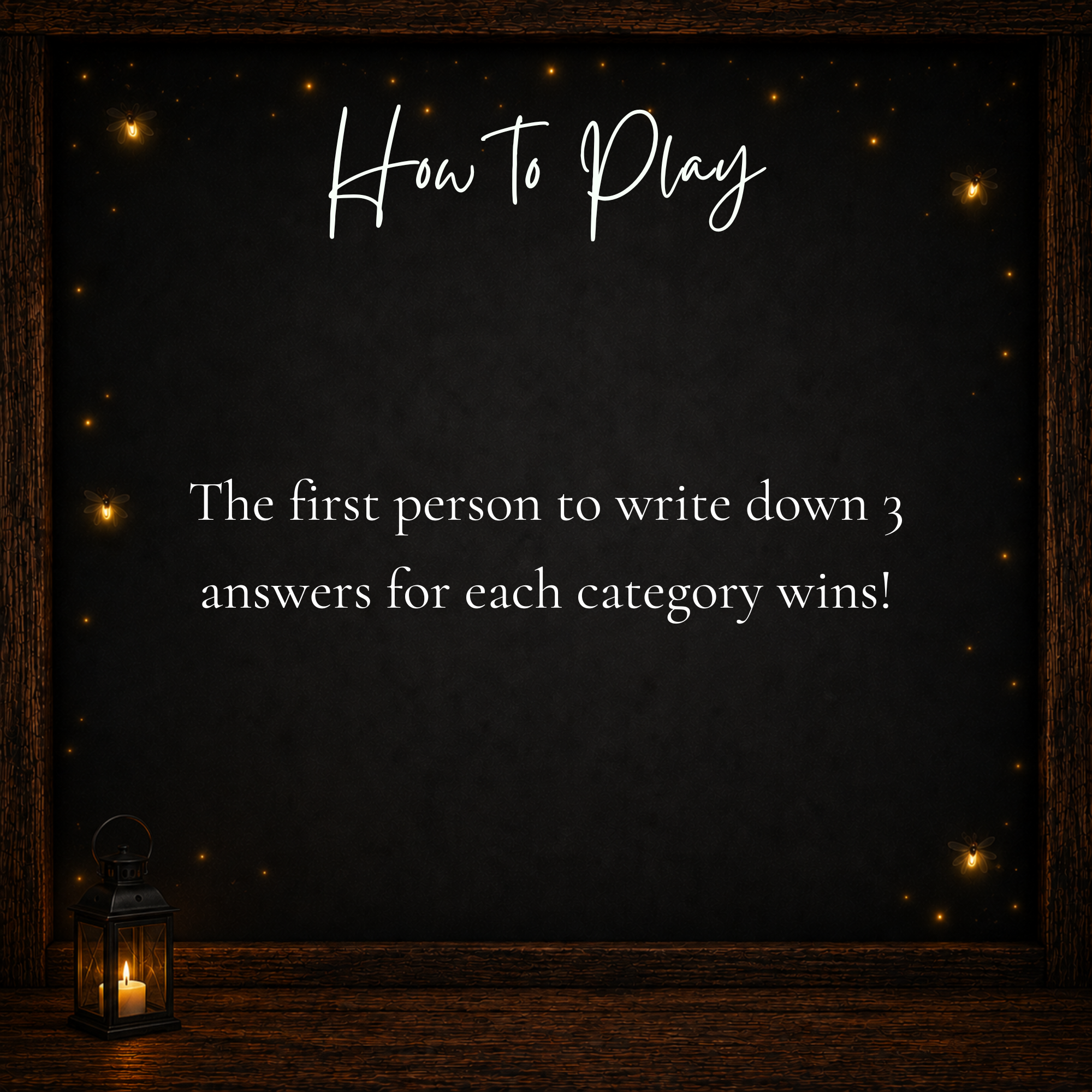 How to play Christmas Think Quick game where the first person to write three answers for every category wins