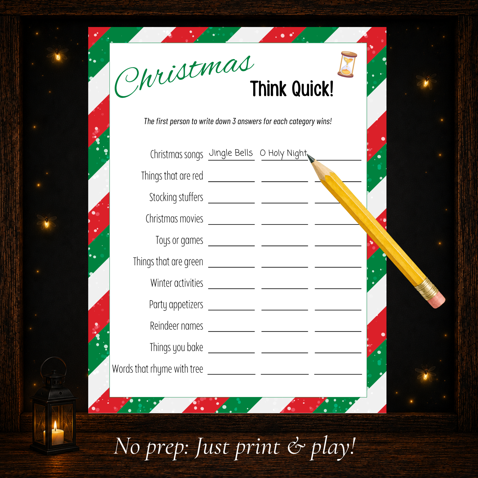 Christmas Think Quick printable party game with Christmas categories and spaces to quickly write three answers