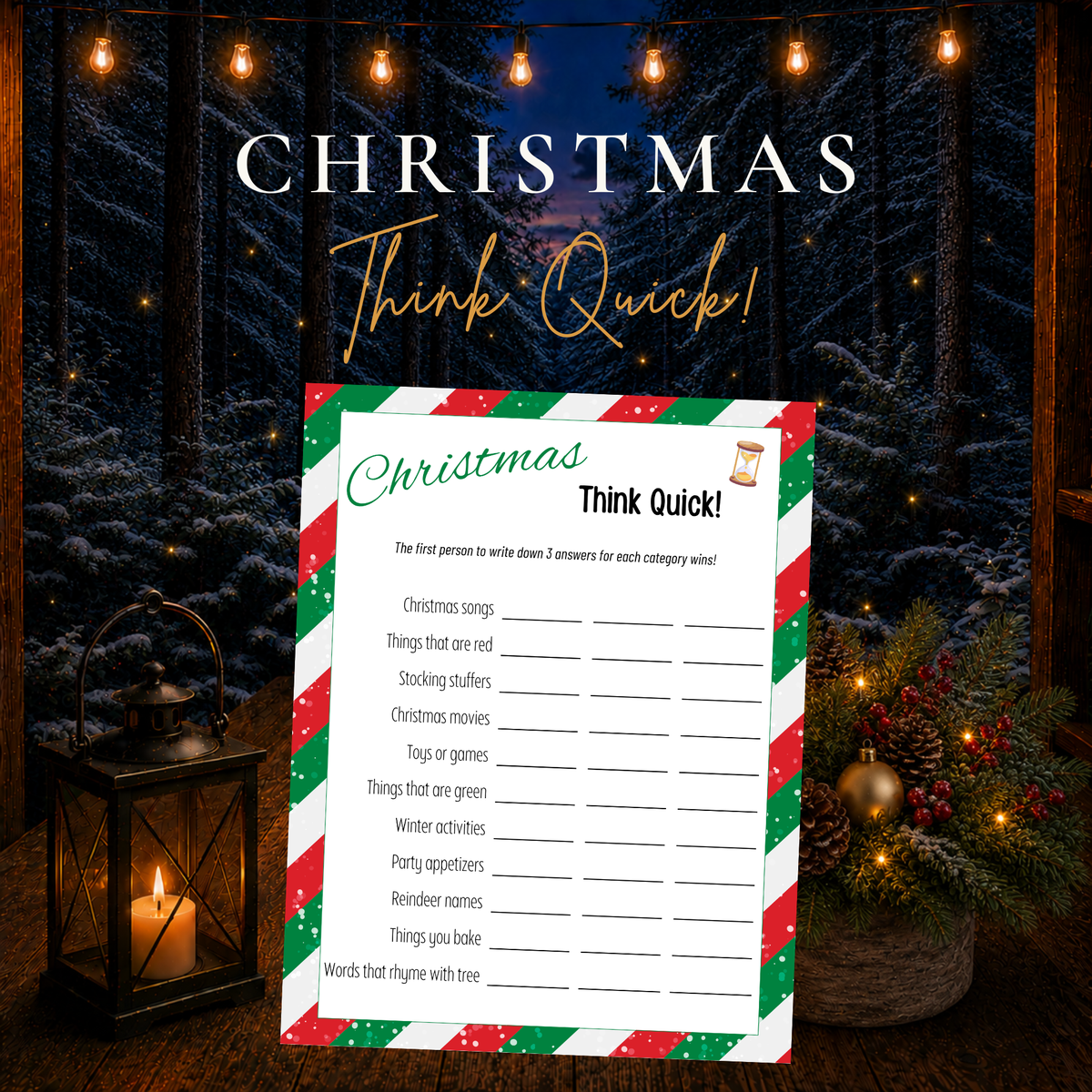 Christmas Think Quick printable game for family Christmas parties, classroom celebrations and holiday gatherings