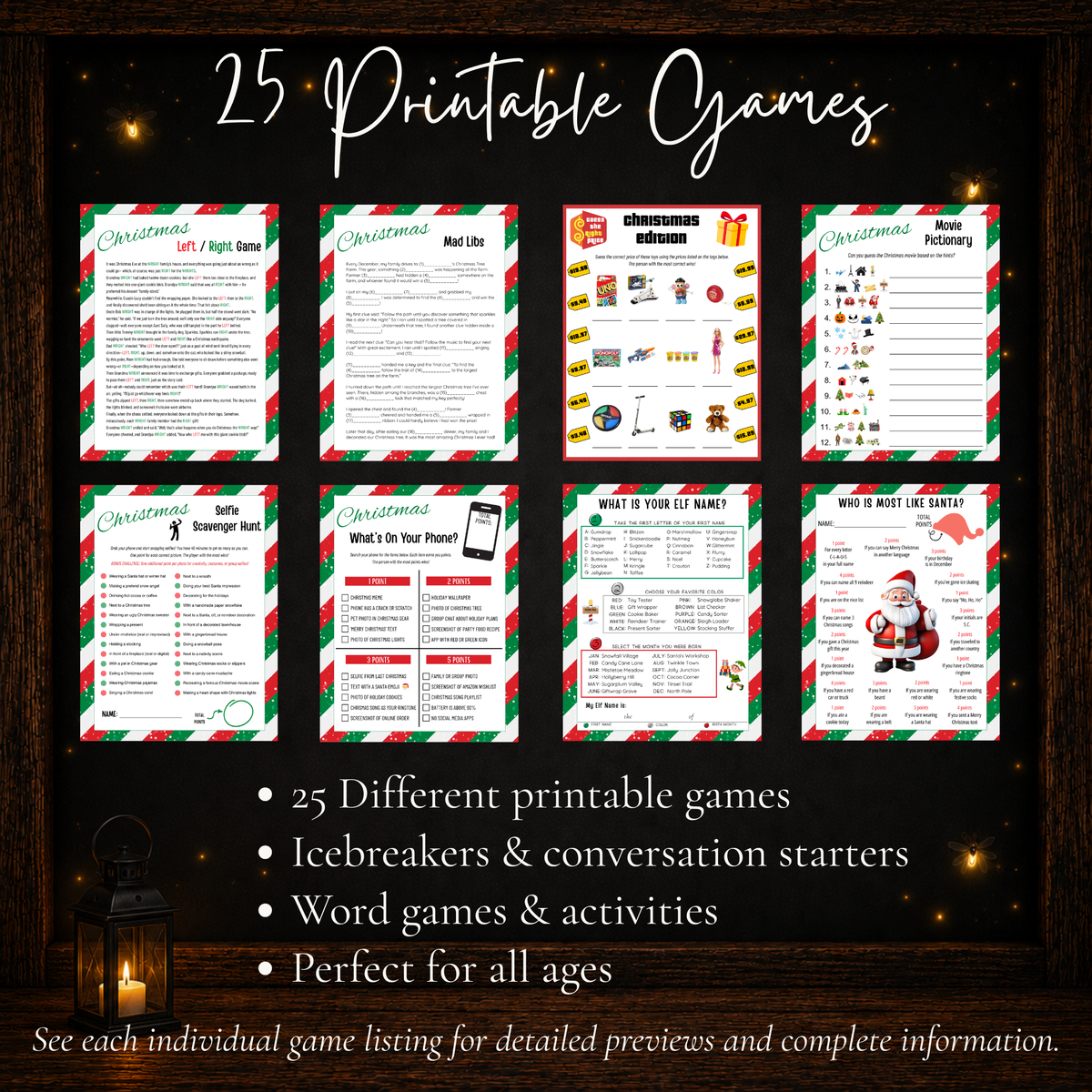 25 printable Christmas games with icebreakers, conversation starters, word games, group games and holiday activities